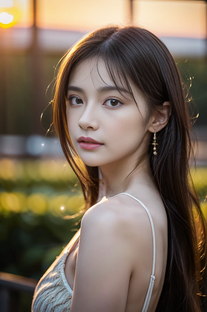 (Photoreal Stick:1.5, masutepiece:1.5, 8K), (top-quality, masterpiece, 超A high resolution), (Face Sharp Focus:1.45), Professional camera work:1.25, Highly detailed skin and facial texture:1.3, Grow Light Effect, The ultra-detailliert:1.3, 1girl in, Fair skin, (Sense of clarity:1.5), Small face, Extremely beautiful face:1.4, Sense of clarityを感じる目:0.9, looking distantly, Enraptured look:1.0, i love you completely:0.8, slightly open mouth:0.4, Sense of clarityを感じる口当たり:0.7, 二重まぶた, Dark brown medium hair, necklace and earrings, looking at viewert, (sunrises, Light sunlight:1.3, sunlight shining from behind:1.3, Pale sunlight spreads across the screen:1.5), (The woman looks hazy because of the bright light.:1.5), (reflect light onto the lens:1.4)