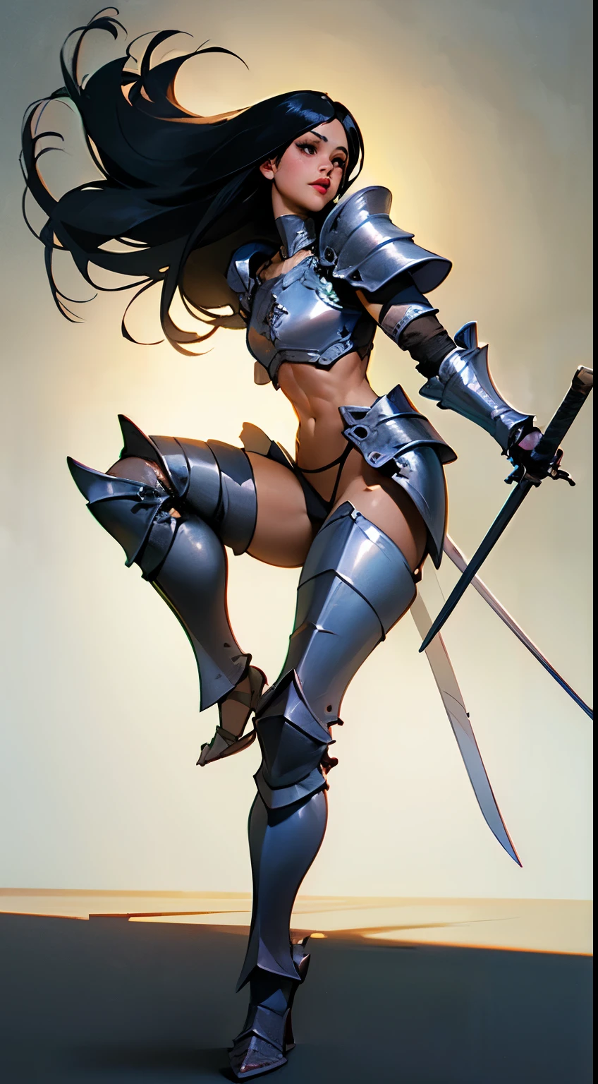 woman, ((long hair)), blackblue hair, ((beautiful)), ((straight hair:1.4)), hair split in middle, adorned in medieval armor, twerking, metal muscles, emanating a medieval elegance and marvel, armor pump boot, ((breastplate)), (flat chest), chrome silver tiara, small armband, (shoulder armor), gauntlets, ((armored thong:1.5)), sword, shield, exposed midriff, (puffy lips:1.3), detailed eyes, ((slendered abs )),((sweaty), wide hips, (puffy lips:1.5), slender abs,rim lighting, side light, cinematic light, ultra high definition, 8k, film grain,best shadow, light particles, detailed skin texture, detailed gem armor texture, detailed face, intricate details, super detailed, bright, spiked heel boots