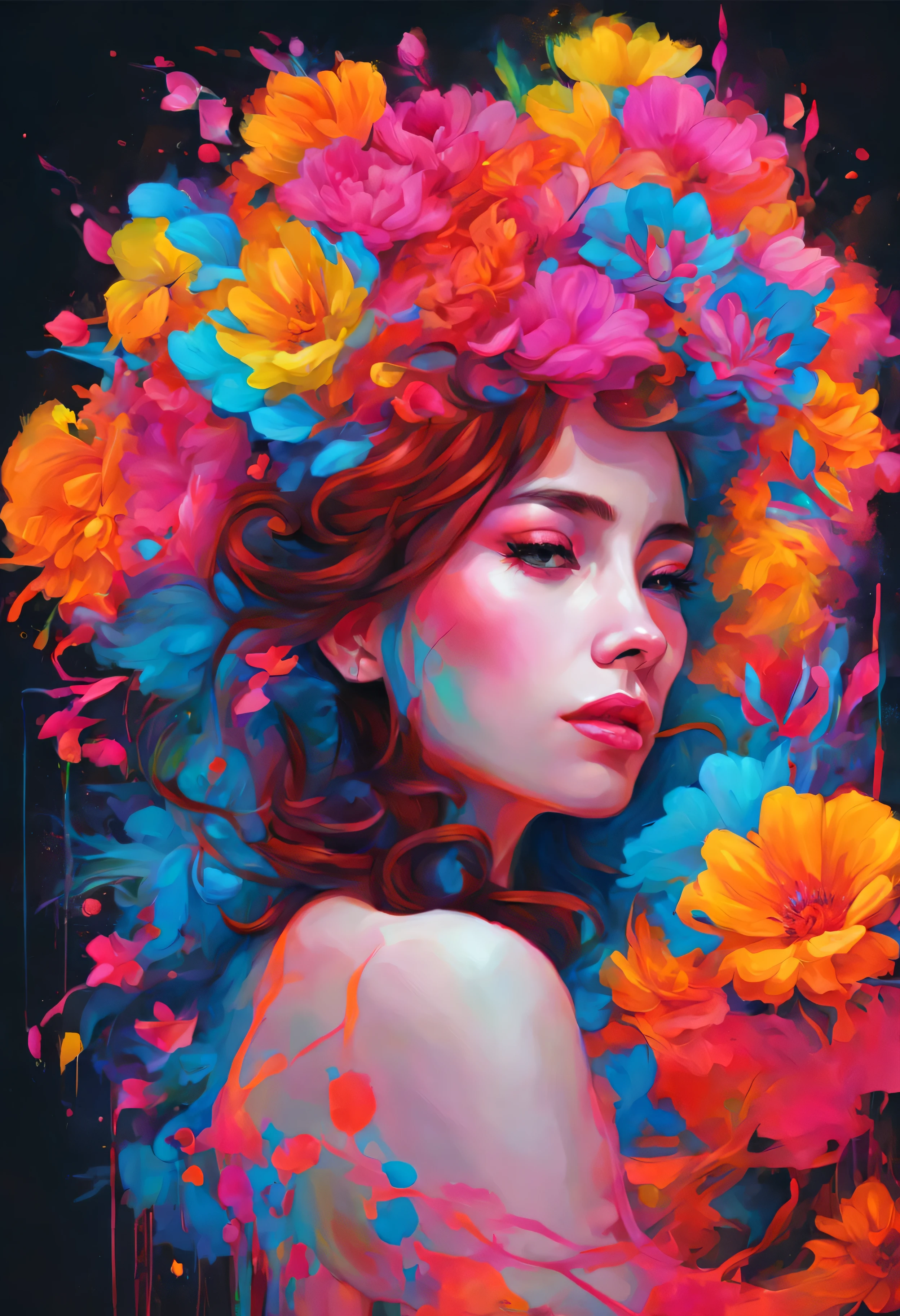 A painting of a woman with flowers in her hair - SeaArt AI