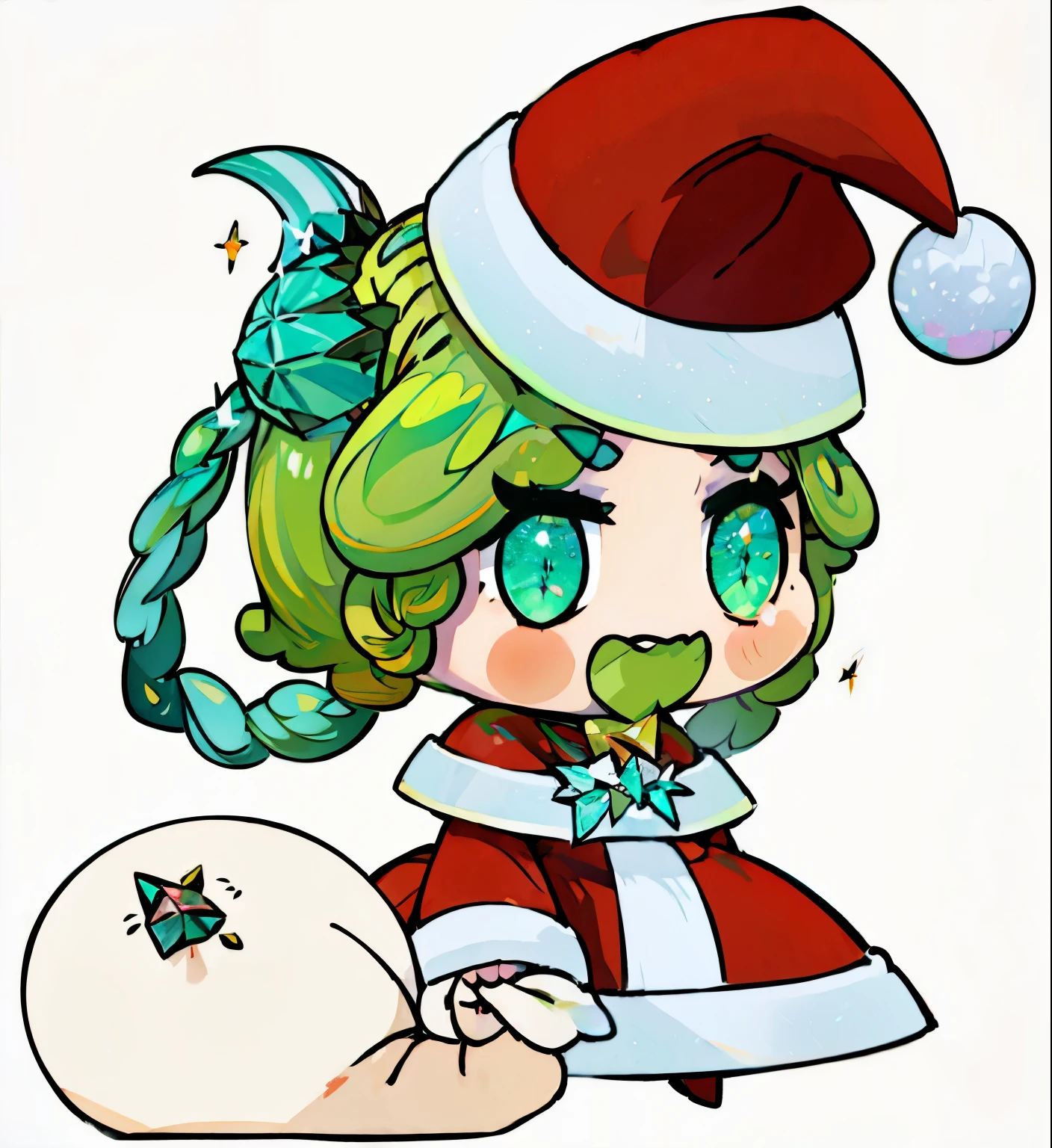 ((Padora)), ((in the style of Ichikawa Haruko)), Houseki - no, The Land of Precious Stones, Original character, ((tmasterpiece)), (((beste-Qualit))), ((ultradetailed)), ((illustartion)), [The light effect of realism], eye shadow, (fantasy style), Background, illustartion, 1 girl, side glance, Crystal hair, Glowing Hair, New Year&#39;s dress, red dress with white fur, Little Red Riding Hood, red bow, sparkle, Small flat chest, BEAUTIFUL POSE, in full height, Sad look, big eyes, Short eyebrows, Lush eyelashes, Girl with two long green pigtails and a happy face, wide eyes, turquoise hair, Turquoise textured hair, Double Long Bangs, green eyes, (бирюзовые Two pigtails), (braids), ((Hairstyle with two braids)), Two pigtails, white fluffy dress, little chest, wide eyes, Lashes