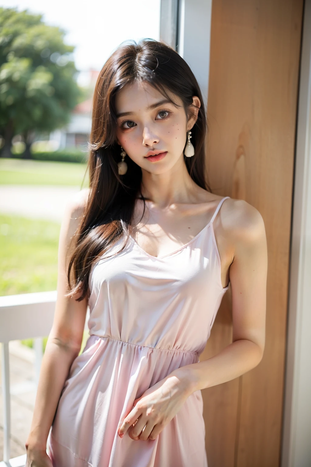 ((La mejor calidad)), ((Obra maestra)), (Detallado), Perfect face of brown Korean girl, Bust photo wearing a pastel colored dress of modern and Kawaii design, calm expression and clear eyes, cabello largo, sin accesorios, with some small moles on the face and the rest of the skin exposed