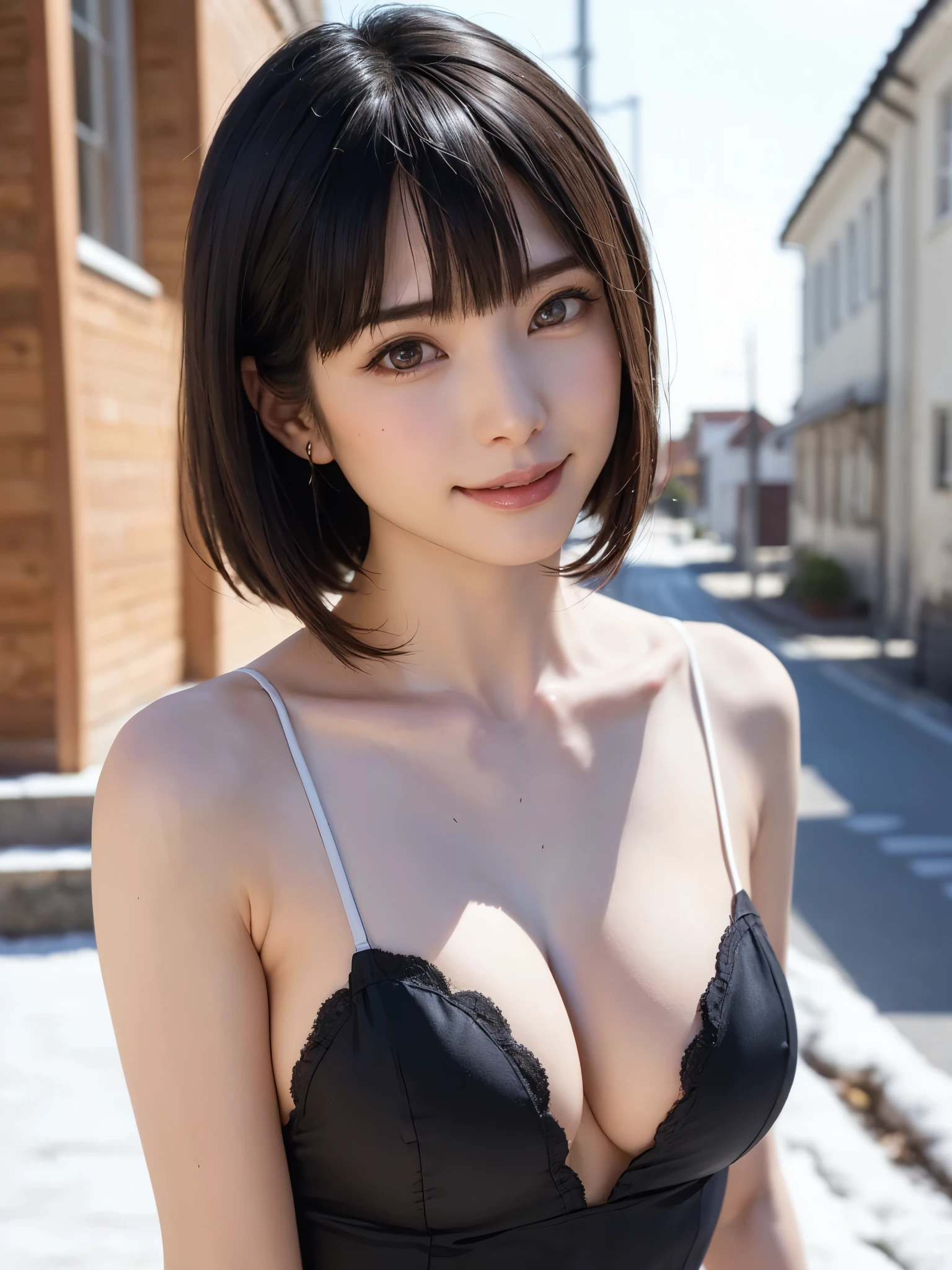 (masterpiece, top-quality),1girl in, 独奏, hyper realisitic, Photorealistic,realisitic, looking at the viewers, brown eyes of light color:1.4,Brunette short bob hair with highly detailed shiny hair, Winter clothes in bright colors, lepangas:1.4), plein air, a closed mouth, The upper part of the body、big eye、Lashes、{Gigantic|Big|Huge|Mega} breasts:1.4, cleavage:1.4、(((big eye、Short bob hair、Intense highlights of the pupils、gazing at viewer、She is a very beautiful and cute beauty、Put your ears out、long neck、smil、Close your mouth and smil、bangs beautiful teeth)))、Ideal ratio body proportions、(Snow-covered tree-lined streets in Norway in winter)、美しいlong neck:1.4%