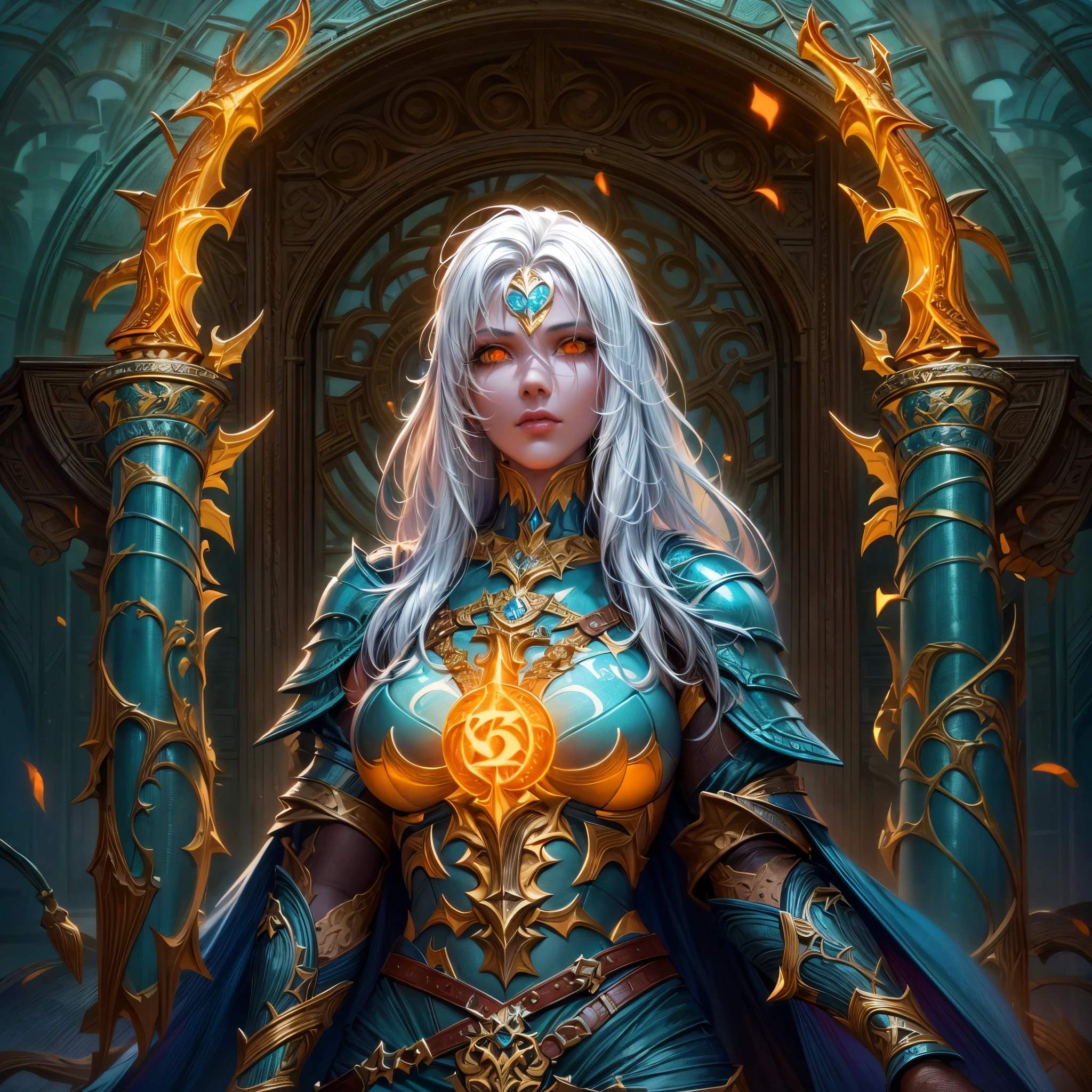 fantasy art, dnd art, RPG art, wide shot, (masterpiece: 1.4) portrait, intense details, highly detailed, photorealistic, best quality, highres, portrait a vedalken female (fantasy art, Masterpiece, best quality: 1.3) ((blue skin: 1.5)), intense details facial details, exquisite beauty, (fantasy art, Masterpiece, best quality) cleric, (blue colored skin: 1.5) 1person blue_skin, blue skinned female, (white hair: 1.3), long hair, intense green eye, fantasy art, Masterpiece, best quality) armed a fiery sword red fire, wearing heavy (white: 1.3) half plate mail armor CM-Beautiful_armor wearing high heeled laced boots, wearing an(orange :1.3) cloak, wearing glowing holy symbol GlowingRunes_yellow, within fantasy temple background, reflection light, high details, best quality, 16k, [ultra detailed], masterpiece, best quality, (extremely detailed), close up, ultra wide shot, photorealistic, RAW, fantasy art, dnd art, fantasy art, realistic art,