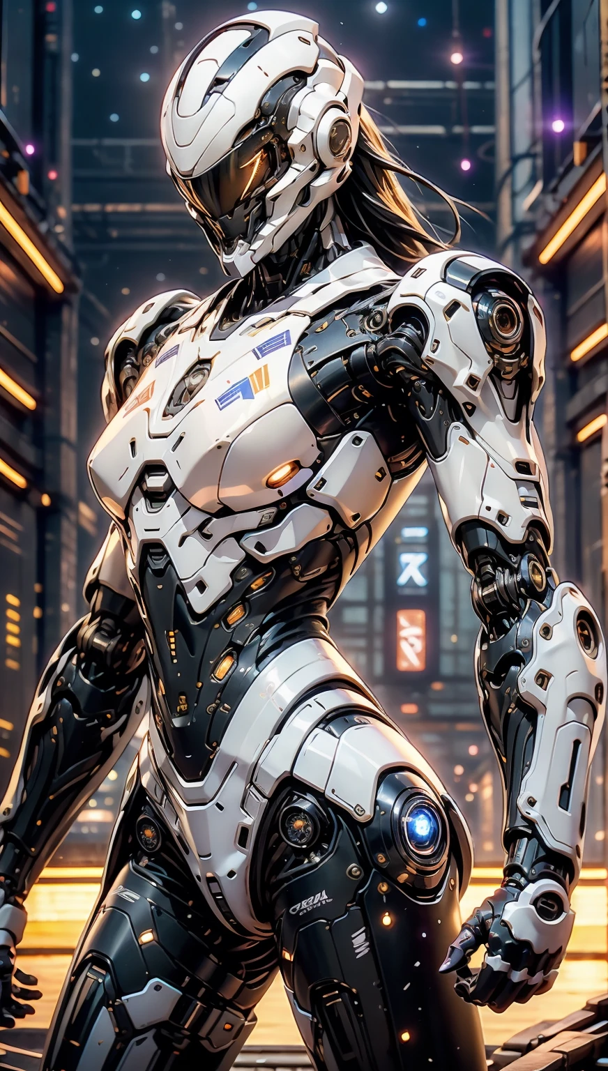 (masterpiece, best quality, ultra-detailed), Shinobi Kage-X1 mecha, 8 meters tall, 15 tons, hybrid-electric propulsion system with silent modules, lightweight composite materials with stealth coating, sleek and agile design, equipped with plasma blades, precision energy blasters, smoke grenade launchers, advanced stealth capabilities, highly agile joints, enhanced sensors for night vision and thermal imaging, standing in a dimly lit urban alleyway, cloaked in shadows, emitting a faint blue glow from its sensors, cyberpunk aesthetic, intricate mechanical details, dynamic pose, cinematic lighting, high-tech environment