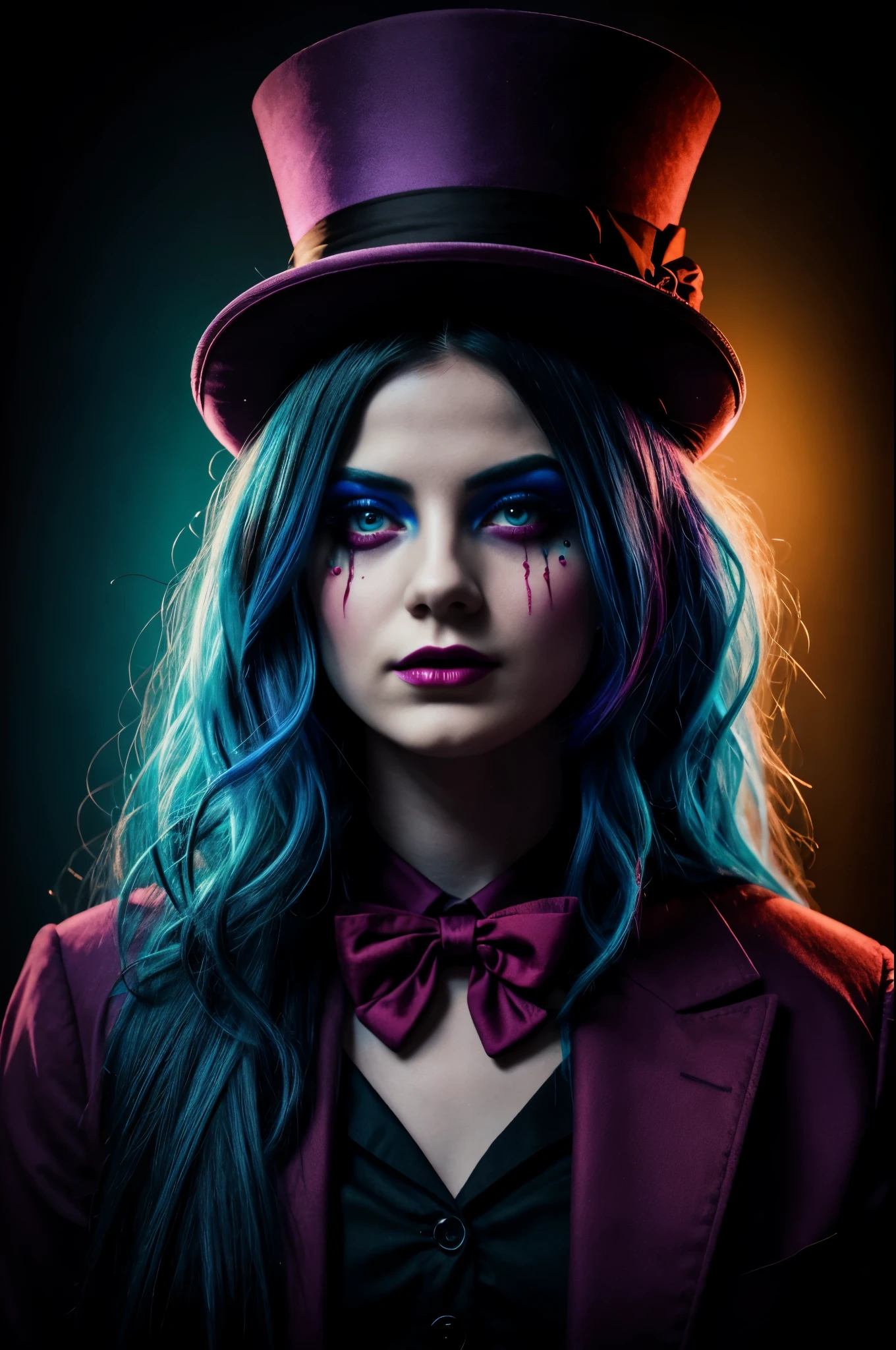 portrait young mad hatter girl,(crazy:1.4), alice in wonderland, rim light, dark light, low light, cold colors, surreal art, portrait, creepy, horror, (vibrant colors:1.4), deep detailed wonderland background, mat hatter makeup horror, vivid colors