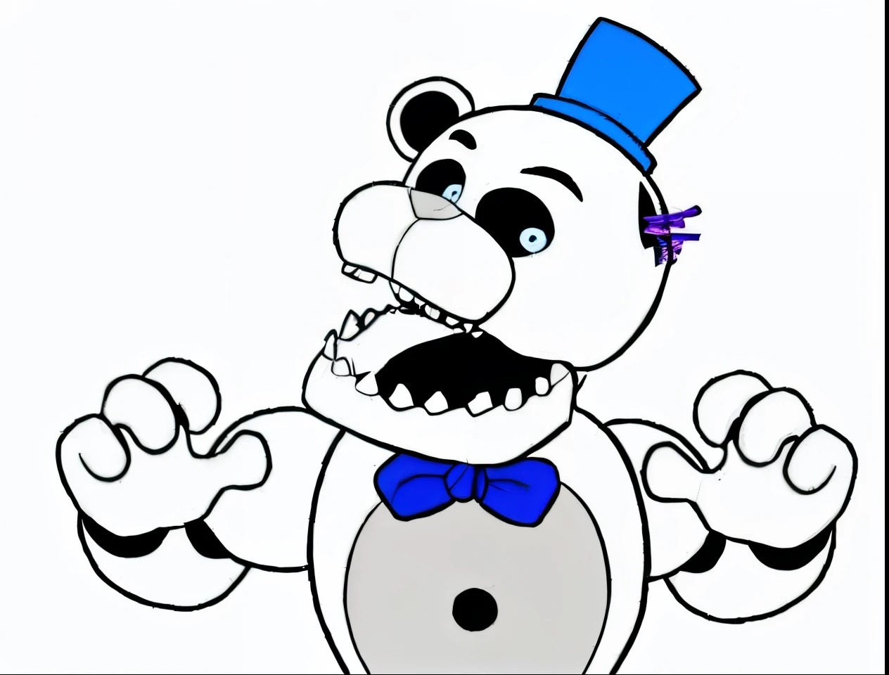 Um animatronico freddy fazbear com a cor de pele branca, chapeu cartola azul claro, e uma gravata borboleta azul
