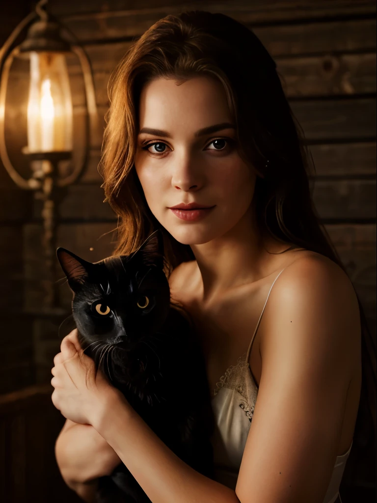 (Realistic:1.5), RAW photo, Masterpiece, witchy, cute and sexy woman with orange eyes, she has a black cat, (detailed mysterious background with stars over an old wooden house), soft natural lighting, Faded colors, Cinematic.