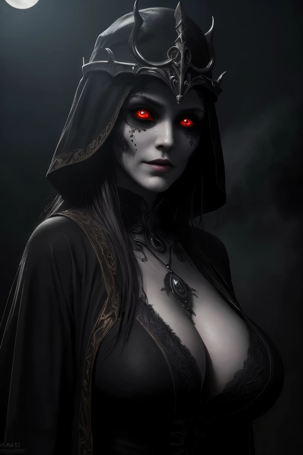 (16k, masterpiece, best quality), ultra-detailed, detailed beautiful round eyes, beautifully detailed face, high quality, high resolution, a female necromancer appeared from the fog with an army of undead, in the darkness of the night, an evil face, big breast, mature women, -upscale --s2