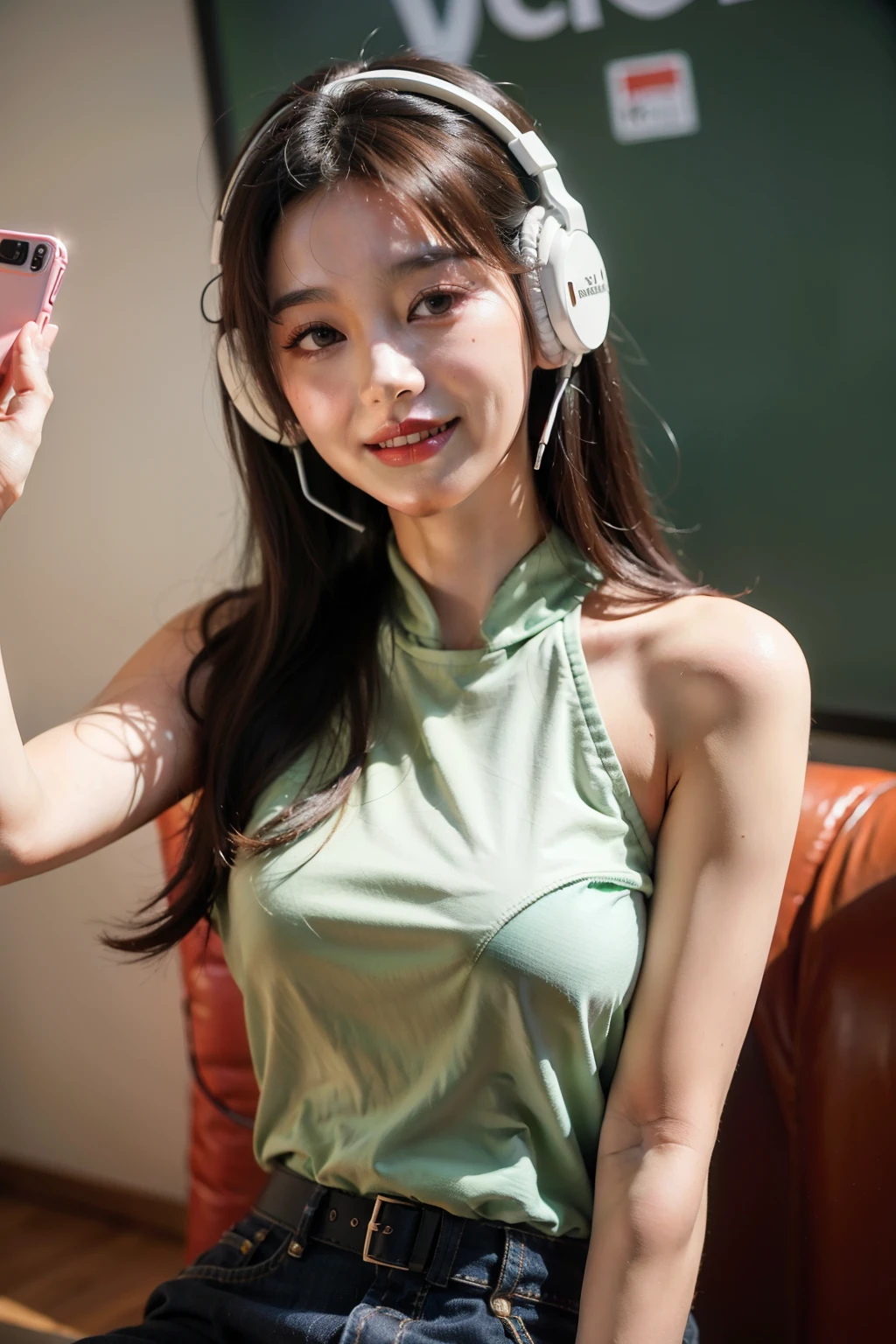 ((La mejor calidad)), ((Obra maestra)), (Detallado), Perfect face of brown Korean girl, selfie sonriendo ampliamente, vestida de verde pastel, gaming headphones on the neck, pelo largo, Momo twice, Jennie, woonyoung, Lisa, jisoo, chaeyoung