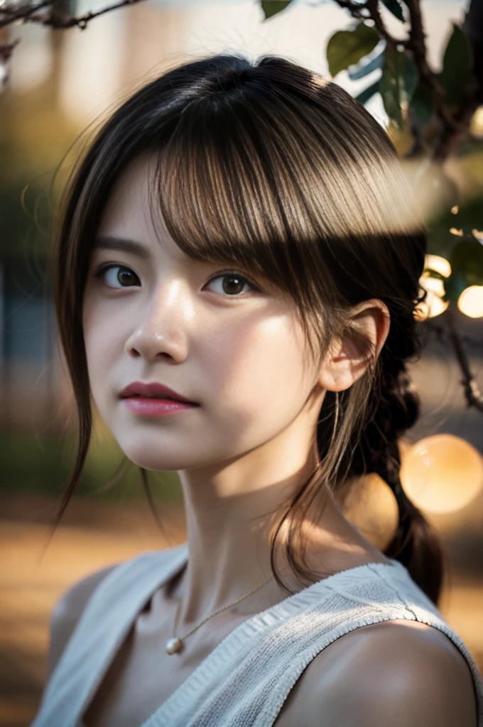 (Photoreal Stick:1.5, masutepiece:1.5, 8K), (top-quality, masterpiece, 超A high resolution), (Face Sharp Focus:1.45), Professional camera work:1.25, Highly detailed skin and facial texture:1.3, Grow Light Effect, The ultra-detailliert:1.3, 1girl in, Fair skin, (Sense of clarity:1.5), Small face, Extremely beautiful face:1.4, (Sense of clarityを感じる目:0.9, looking distantly, Enraptured look:1.0, i love you completely:0.8, slightly open mouth:0.4, Sense of clarityを感じる口当たり:0.7), 二重まぶた, Dark brown medium hair, necklace and earrings, looking at viewert, (The woman looks hazy because of the bright light.:1.4), (reflect light onto the lens:1.4), (The whole thing looks white and hazy:1.4), (sunrises, Light sunlight:1.3, sunlight shining from behind:1.3, Pale sunlight spreads across the screen:1.5)