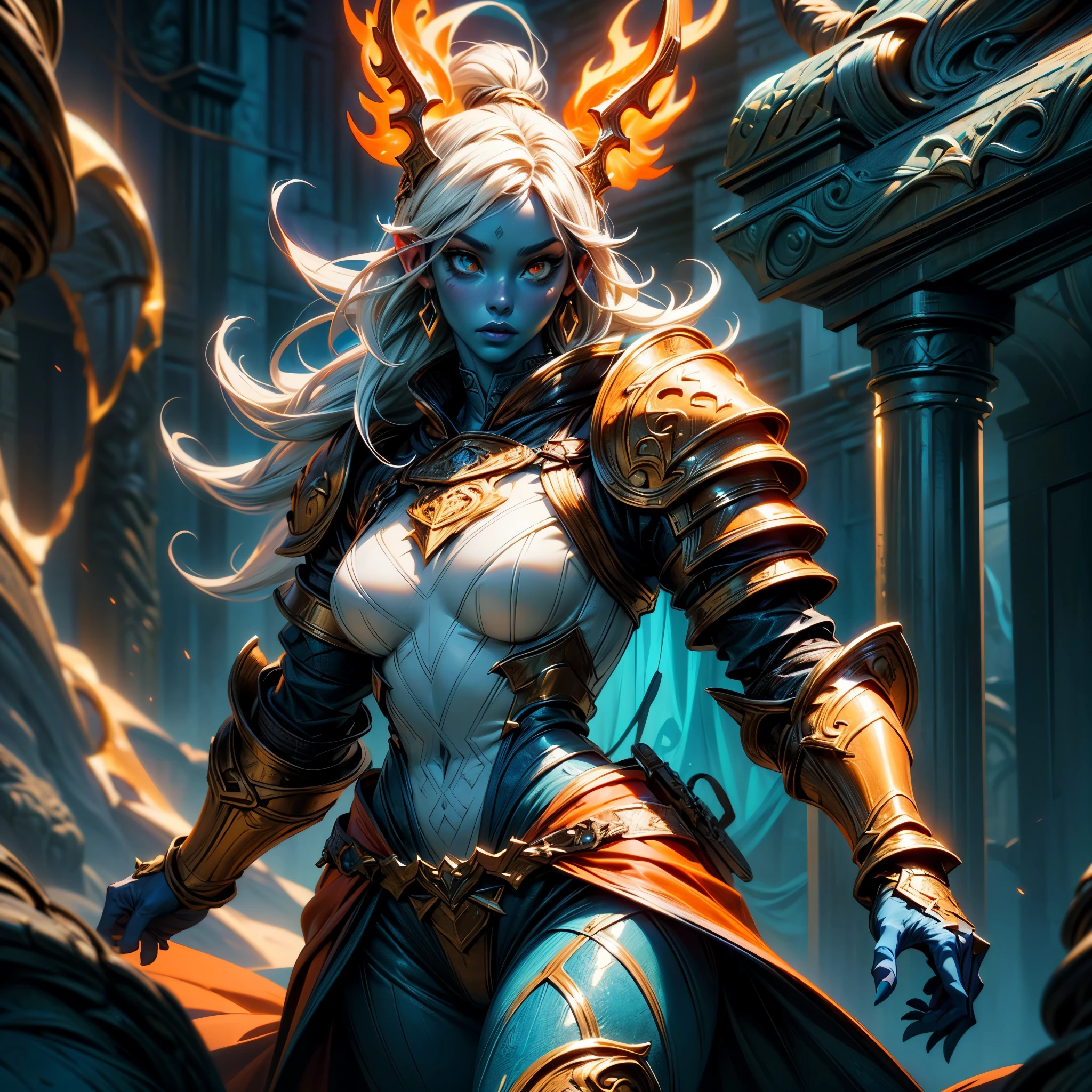fantasy art, dnd art, RPG art, wide shot, (masterpiece: 1.4) portrait, intense details, highly detailed, photorealistic, best quality, highres, portrait a vedalken female (fantasy art, Masterpiece, best quality: 1.3) ((blue skin: 1.5)), intense details facial details, exquisite beauty, (fantasy art, Masterpiece, best quality) cleric, (blue colored skin: 1.5) 1person blue_skin, blue skinned female, (white hair: 1.3), long hair, intense green eye, fantasy art, Masterpiece, best quality) armed a fiery sword red fire, wearing heavy (white: 1.3) half plate mail armor CM-Beautiful_armor wearing high heeled laced boots, wearing an(orange :1.3) cloak, wearing glowing holy symbol GlowingRunes_yellow, within fantasy temple background, reflection light, high details, best quality, 16k, [ultra detailed], masterpiece, best quality, (extremely detailed), close up, ultra wide shot, photorealistic, RAW, fantasy art, dnd art, fantasy art, realistic art,