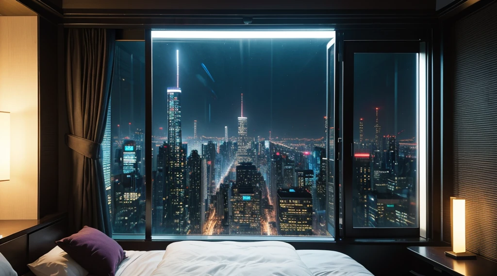 ((masterpiece)), (ultra-detailed), (intricate details), (high resolution CGI artwork 8k), Create an image of a retro futuristic cyberpunk bedroom. One of the walls should feature a big window with a busy, colorful, and detailed cyberpunk cityscape. Futuristic style with lots of colors and LED lights. The cityscape should be extremely detailed with depth of field. Utilize atmospheric lighting to create depth and evoke the feel of a busy futuristic city outside the window. Pay close attention to face details like intricate, hires eyes and bedroom accents. Camera: wide shot showing the room and the window. The window should be the focal point of the image. Lighting: use atmospheric and volumetric lighting to enhance the cityscape details. The room should be illuminated by the neon lights from the cityscape.