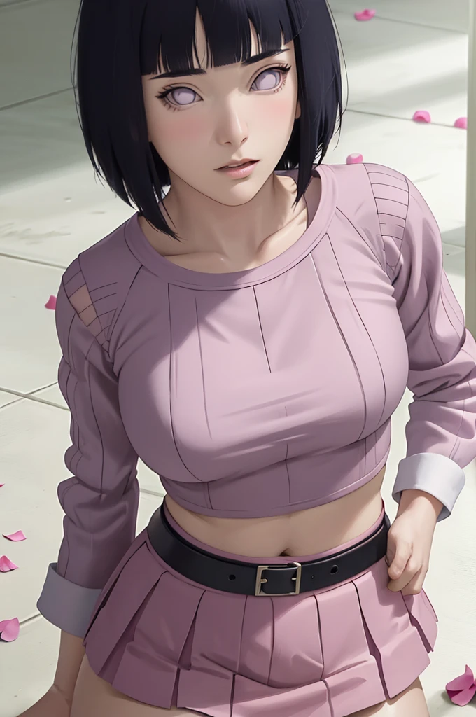 masterpiece, absurdres, hinata\(boruto\), 1girl, solo,mature female, crop top , high waist mini skirt, looking at viewelling petals), perfect composition, detailed lips, big breast, beautiful face, body propotion, blush, (pink lips), short hair, purple eyes, soft gaze, super realistic, detailed, photoshoot, realistic face and body, laying on the floor