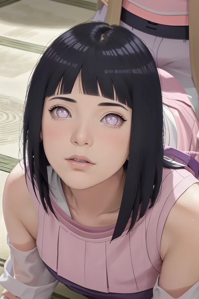 masterpiece, absurdres, hinata\(boruto\), 1girl, solo,mature female, crop top , high waist mini skirt, looking at viewelling petals), perfect composition, detailed lips, big breast, beautiful face, body propotion, blush, (pink lips), short hair, purple eyes, soft gaze, super realistic, detailed, photoshoot, realistic face and body, laying on the floor