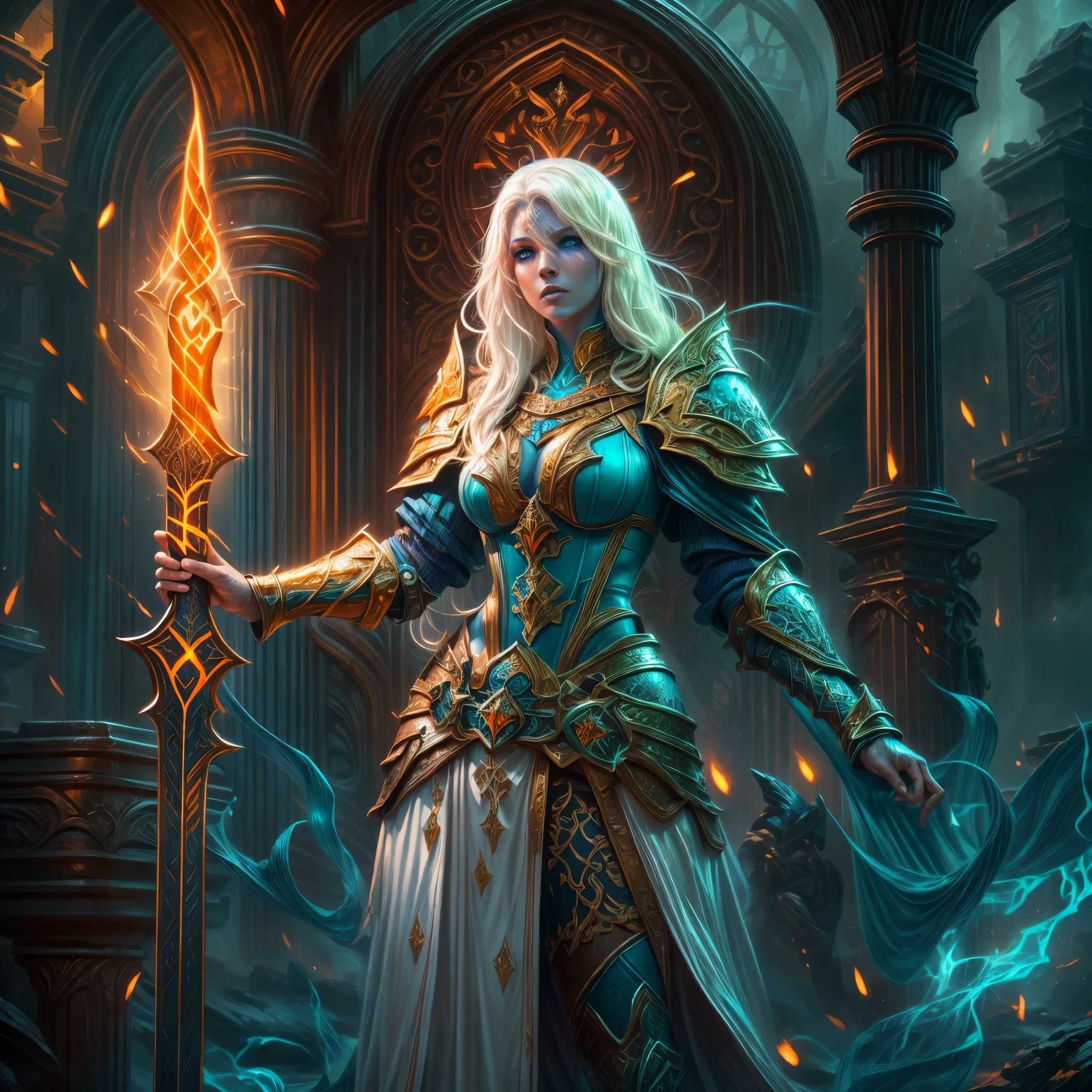 fantasy art, dnd art, RPG art, wide shot, (masterpiece: 1.4) portrait, intense details, highly detailed, photorealistic, best quality, highres, portrait a vedalken female (fantasy art, Masterpiece, best quality: 1.3) ((blue skin: 1.5)), intense details facial details, exquisite beauty, (fantasy art, Masterpiece, best quality) cleric, (blue colored skin: 1.5) 1person blue_skin, blue skinned female, (white hair: 1.3), long hair, intense green eye, fantasy art, Masterpiece, best quality) armed a fiery sword red fire, wearing heavy (white: 1.3) half plate mail armor CM-Beautiful_armor wearing high heeled laced boots, wearing an(orange :1.3) cloak, wearing glowing holy symbol GlowingRunes_yellow, within fantasy temple background, reflection light, high details, best quality, 16k, [ultra detailed], masterpiece, best quality, (extremely detailed), close up, ultra wide shot, photorealistic, RAW, fantasy art, dnd art, fantasy art, realistic art,