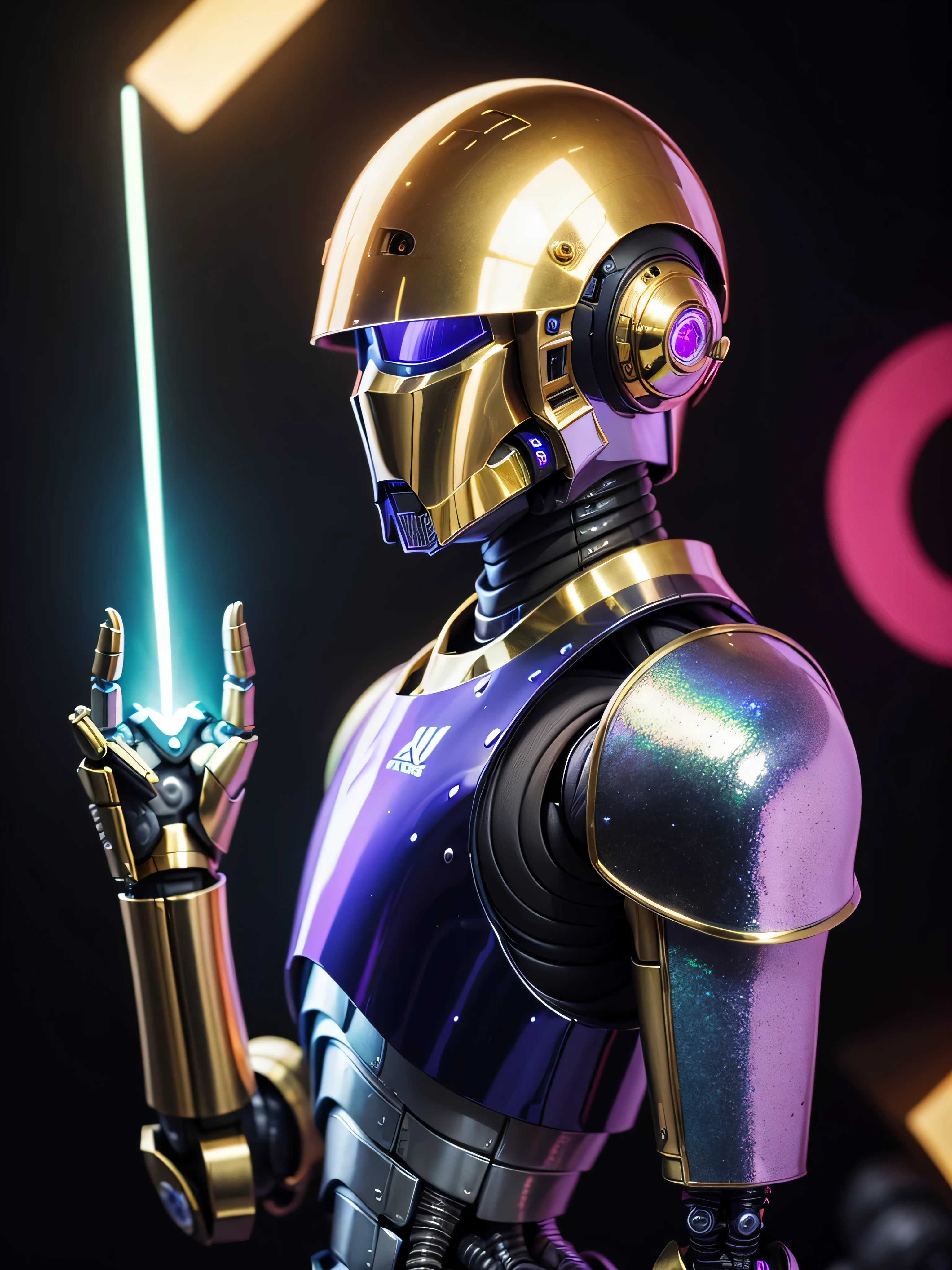 ((best quality: 1.5)) ((masterpiece: 0.8)), intricate details, sharp focus, professional, photorealistic, real life, ((((solo) male robot, protocol droid, ((mechanical arm))))) bright glow, dynamic pose, in the style of realistic and hyper detailed renderings, zbrush, hyper realistic oil, contoured shading, dark room, dark background, black background, solo, BREAK; BREAK (((((glowing visor, cheerful expression))))), ((fujicolor)), BREAK; BREAK ((((futuristic (lacquered black armor, (wrist spike, iridescent brass))), photorealistic, hyper-realistic)))