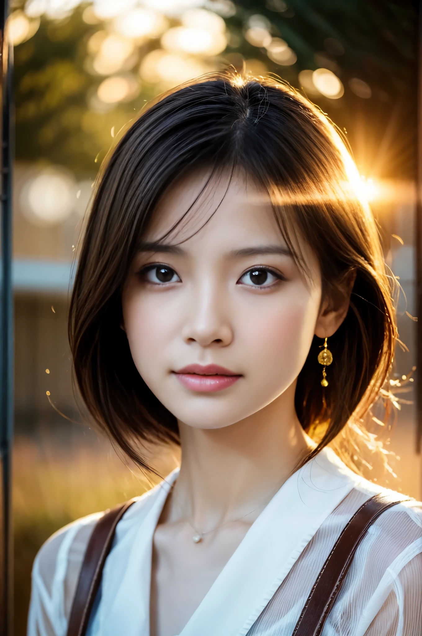 (Photoreal Stick:1.5, masutepiece:1.5, 8K), (top-quality, masterpiece, 超A high resolution), (Face Sharp Focus:1.45), Professional camera work:1.25, Highly detailed skin and facial texture:1.3, Grow Light Effect, The ultra-detailliert:1.3, 1girl in, Fair skin, (Sense of clarity:1.5), Small face, Extremely beautiful face:1.4, (Sense of clarityを感じる目:0.9, looking distantly, Enraptured look:1.0, i love you completely:0.8, slightly open mouth:0.4, Sense of clarityを感じる口当たり:0.7), 二重まぶた, Dark brown medium hair, necklace and earrings, looking at viewert, (The woman looks hazy because of the bright light.:1.4), (reflect light onto the lens:1.4), (The whole thing looks white and hazy:1.4), (sunrises, Light sunlight:1.3, sunlight shining from behind:1.3, Pale sunlight spreads across the screen:1.5)