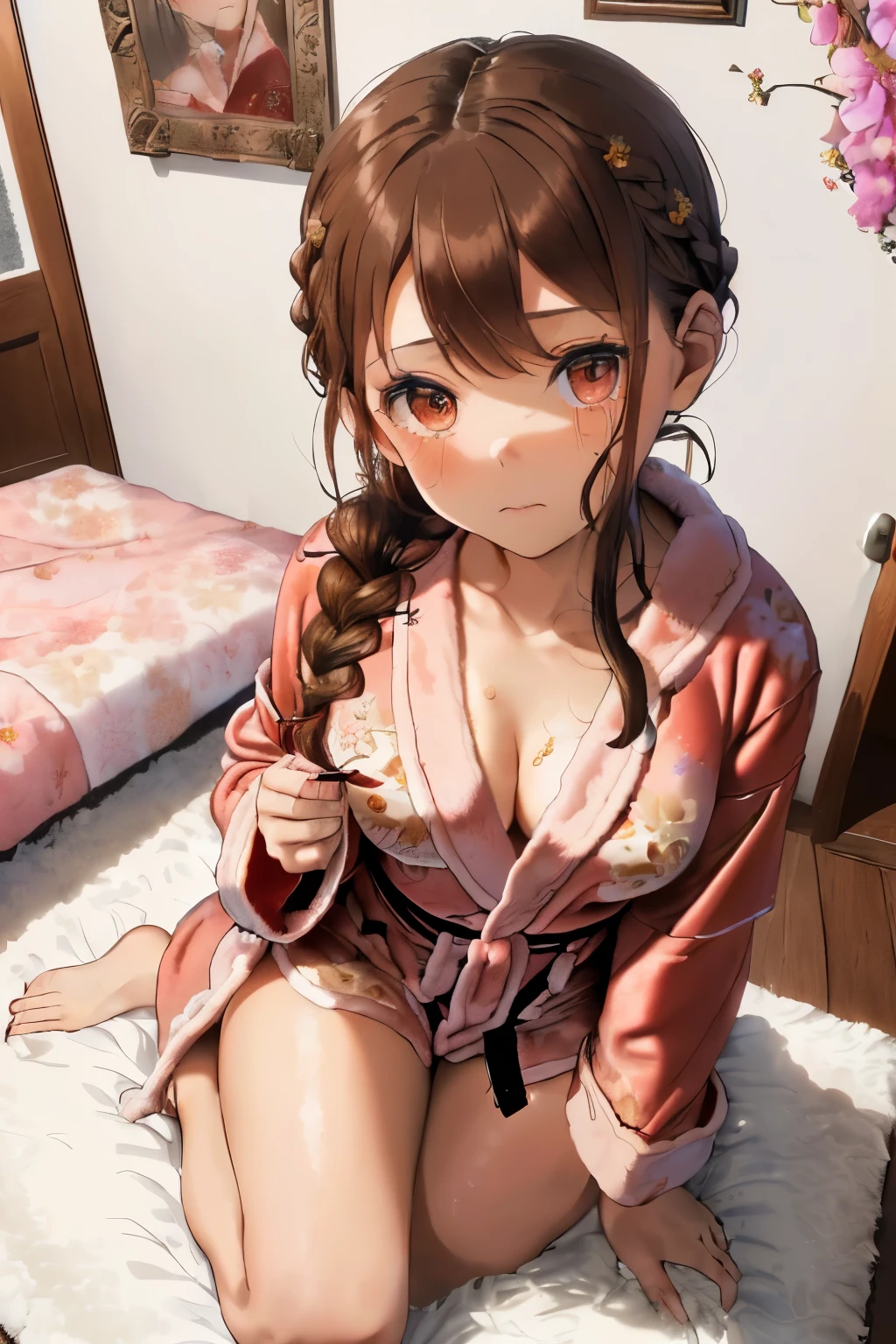 (Brown hair:1.3),(Braided shorthair:1.3),(With bangs),(Brown eyes:1.3),(Eye size:1.6),(My eyes are shining like stars:1.25),(depressed face),(Sad face:1.2),(Sister sitting:1.3),(A girly room with lots of cute flowers:1.5),(Colorful flowers:1.45),(Fluffy carpet:1.35),(sitting on the carpet:1.35),(Slightly slouched:1.3),(Tilt of the neck:1.5),(White simple design sweatshirt:1.35),(Sweatpants:1.2),(Warm room socks:1.3),(breast closeup:1.35),Slight red tide,(close up of face:1.6),(dressing gown:1.45),
