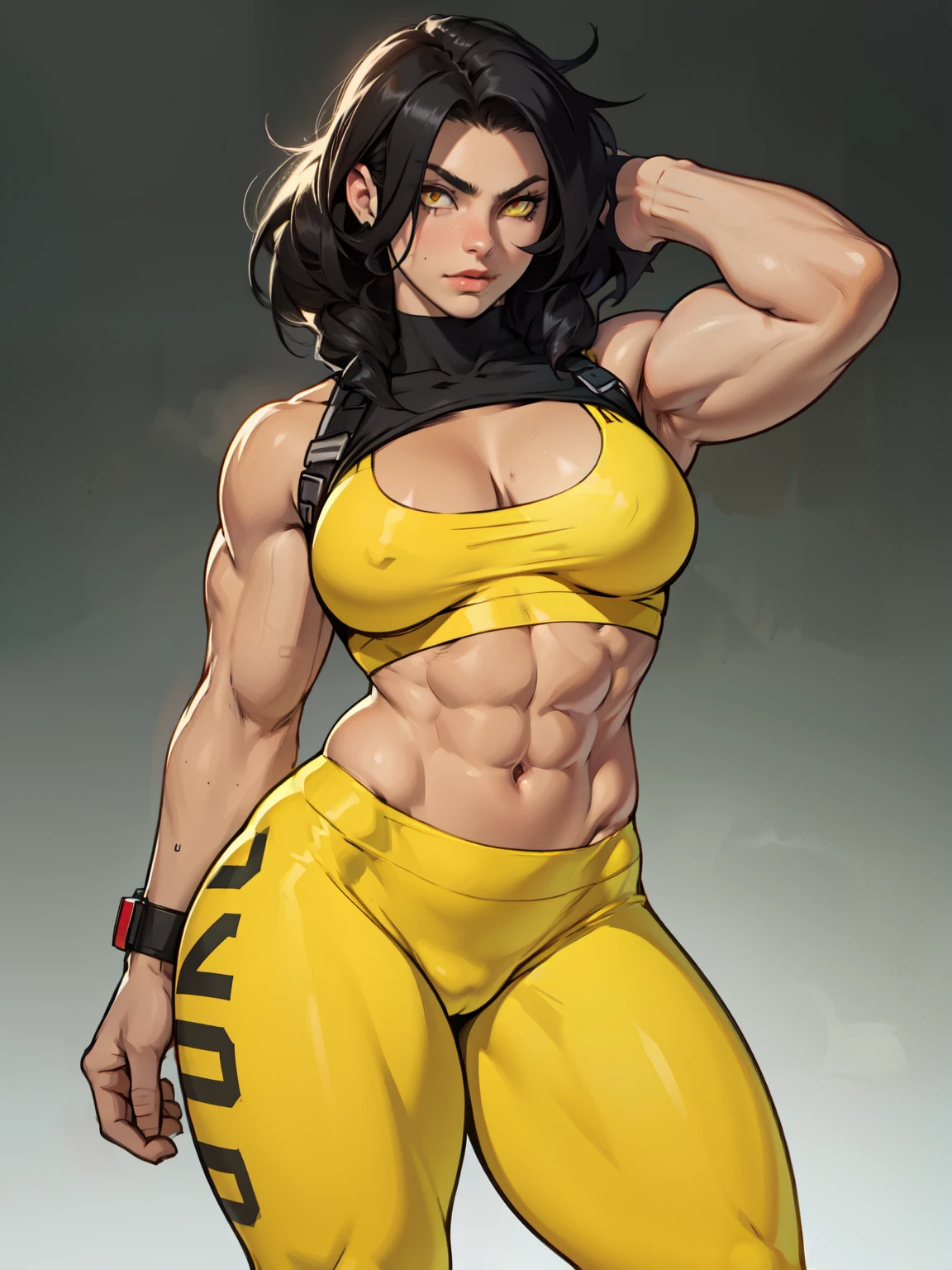girl solo standing (muscular girl toned body large breasts thick) yellow eyes black hair pale skin perfect anatomy perfect anatomy perfect anatomy leggings