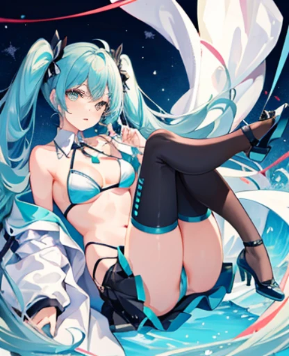 Hatsune Mirai，BIKINI，thong Pants，White suspender stockings，high heel shoes