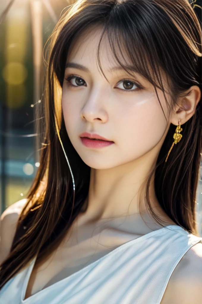 (Photoreal Stick:1.5, masutepiece:1.5, 8K), (top-quality, ​masterpiece, 超A high resolution), (Face Sharp Focus:1.45), Professional camera work:1.25, Highly detailed skin and facial texture:1.3, Grow Light Effect, The ultra-detailliert:1.3, 1girl in, Fair skin, (Sense of clarity:1.5), Small face, Extremely beautiful face:1.4, (Sense of clarityを感じる目:0.9, looking distantly, Enraptured look:1.0, i love you completely:0.8, slightly open mouth:0.4, Sense of clarityを感じる口当たり:0.7), 二重まぶた, Dark brown medium hair, necklace and earrings, looking at viewert, (The woman looks hazy because of the bright light.:1.5), (reflect light onto the lens:1.4), (The whole thing looks white and hazy:1.5), (sunrises, Light sunlight:1.3, sunlight shining from behind:1.3, Pale sunlight spreads across the screen:1.5)
