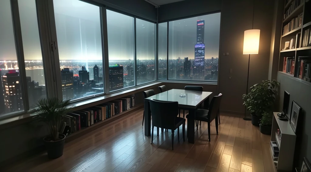 Draw a room,Floor-to-ceiling windows,Outside is the city with a night view,Facing the window,There is a green plant in the corner of the room,The room was dark,The night view outside has neon lights,It was raining outside,There is a warm lamp in the room,The room had a bookcase with a lot of books