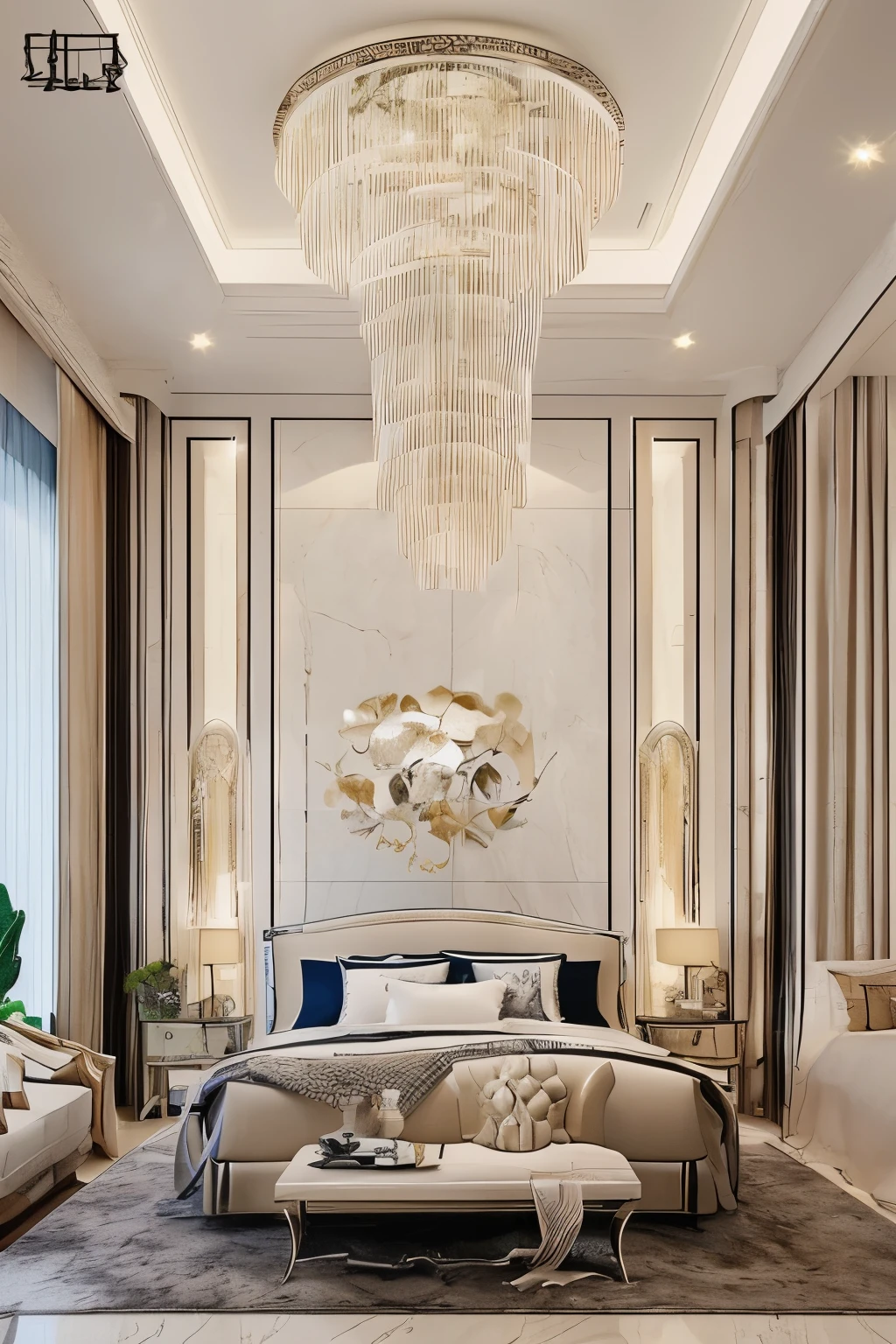 Home bedroom modern mansion high quality 8k realistic home decor evening sunlight chandeliers rich decor home