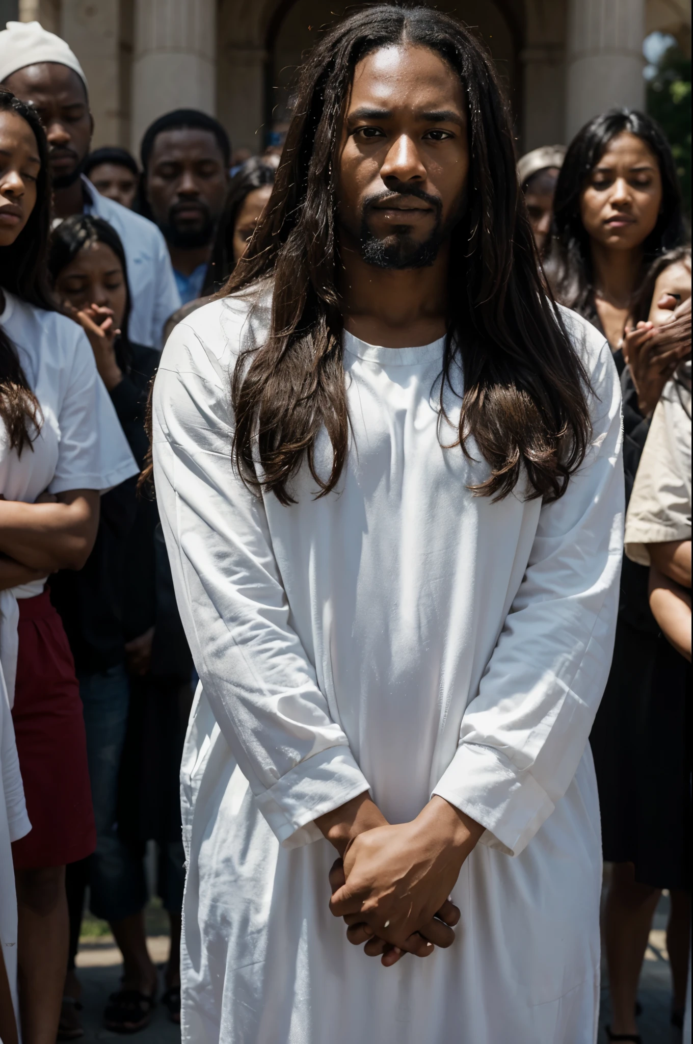 "Create an image of a black Jesus portrayed from the front in the act of prayer with his hands clasped in the background, place a crowd."