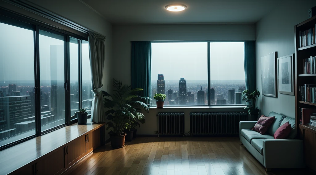 Draw a room,Floor-to-ceiling windows,Outside is the city with a night view,Facing the window,There is a green plant in the corner of the room,The room was dark,The night view outside has neon lights,It was raining outside,There is a warm lamp in the room,The room had a bookcase with a lot of books, night, dark
