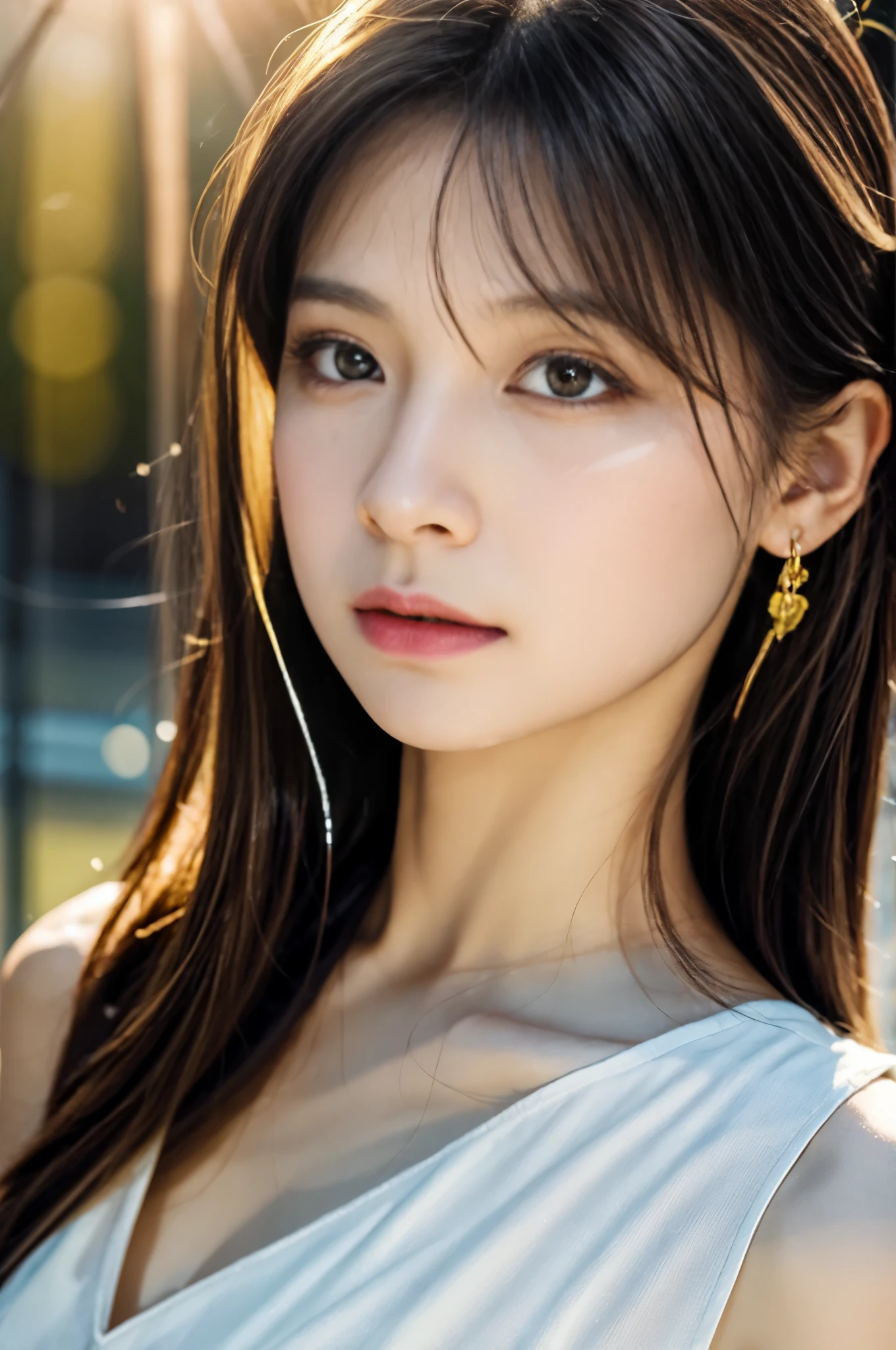 (Photoreal Stick:1.5, masutepiece:1.5, 8K), (top-quality, ​masterpiece, 超A high resolution), (Face Sharp Focus:1.45), Professional camera work:1.25, Highly detailed skin and facial texture:1.3, Grow Light Effect, The ultra-detailliert:1.3, 1girl in, Fair skin, (Sense of clarity:1.5), Small face, Extremely beautiful face:1.4, (Sense of clarityを感じる目:0.9, looking distantly, Enraptured look:1.0, i love you completely:0.8, slightly open mouth:0.4, Sense of clarityを感じる口当たり:0.7), 二重まぶた, Dark brown medium hair, necklace and earrings, looking at viewert, (The woman looks hazy because of the bright light.:1.5), (reflect light onto the lens:1.4), (The whole thing looks white and hazy:1.5), (sunrises, Light sunlight:1.3, sunlight shining from behind:1.3, Pale sunlight spreads across the screen:1.5)