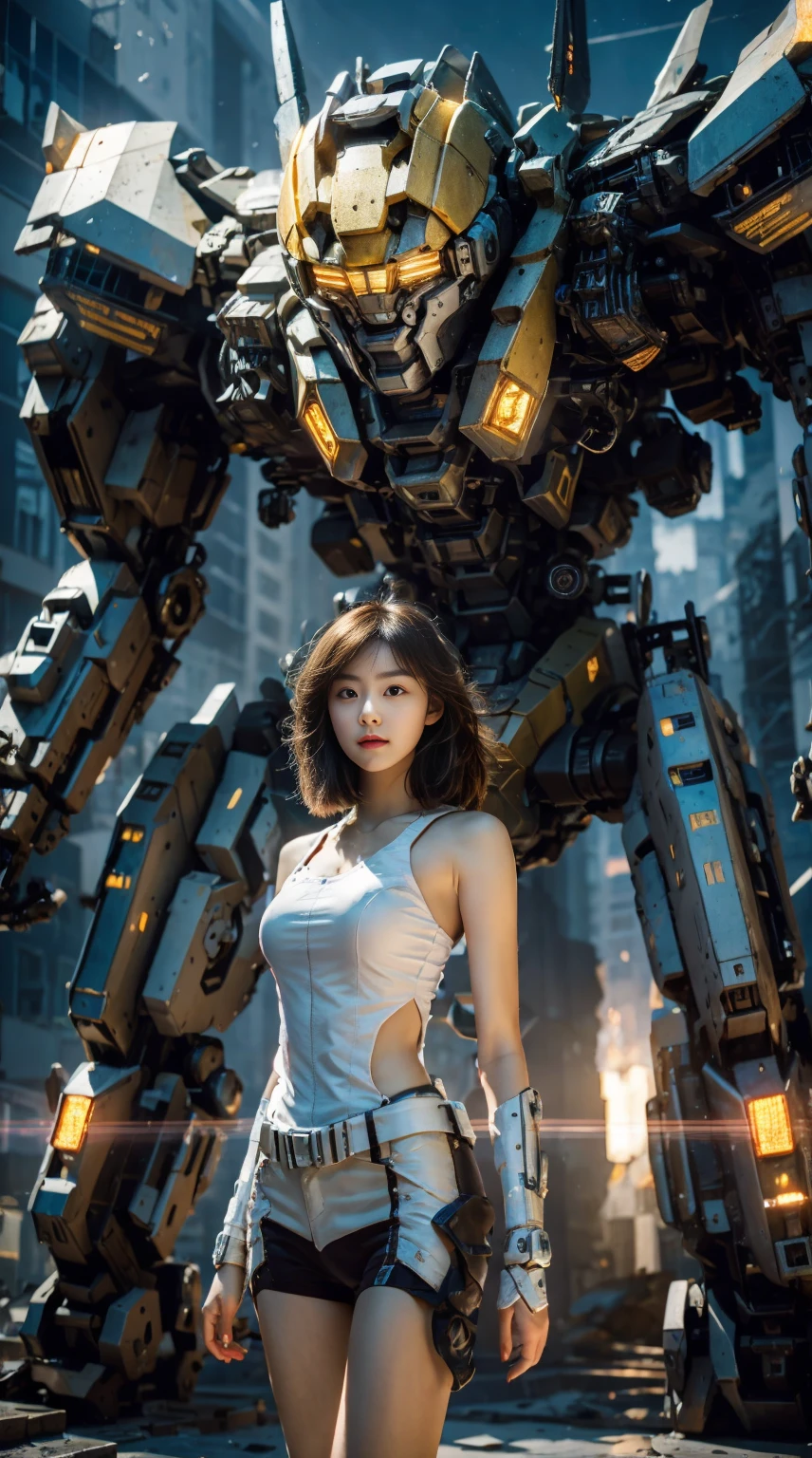 ((Best Quality)), ((Masterpiece)), (Very Detailed:1.3), 3D, Shitu-mecha, Beautiful cyberpunk woman with her pink mech in the ruins of a city in the forgotten war, Ancient technology, HDR (High Dynamic Range), ray tracing, NVIDIA RTX, super resolution, unreal 5, subsurface scattering, PBR texture, post-processing, anisotropic filtering, depth of field, maximum sharpness and sharpness, multi-layer texture, albedo and highlight maps, surface shading, Accurate simulation of light-material interactions, perfect proportions, octane rendering, duotone lighting, low ISO, white balance, rule of thirds, wide aperture, 8K RAW, high efficiency sub-pixels, subpixel convolution, luminous particles, light scattering, tyndall effect (whole body), (delicate facial features), (perfect face), dynamic angles.