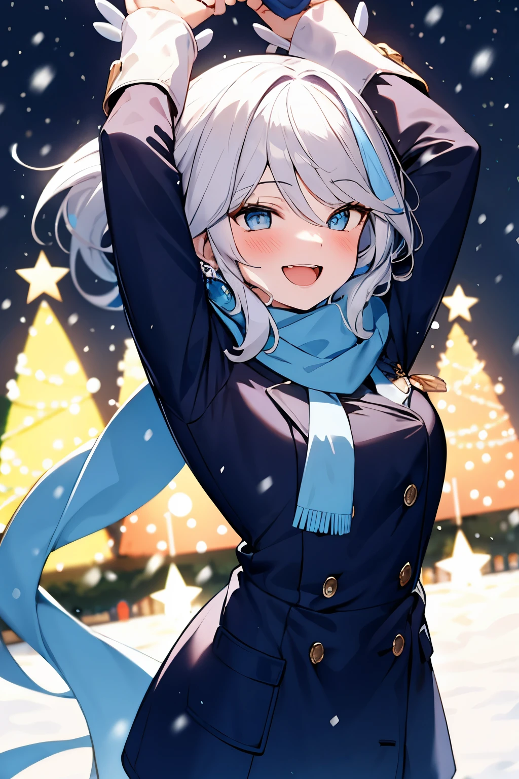 furina, A girl with white hair, blue christmas outfit, wearing a scarf, in the city plaza with a christmas tree in the middle with colorful lights, snowing, laughing, smiling and blushing, focused on viewer, night background, arms up pose, cheering