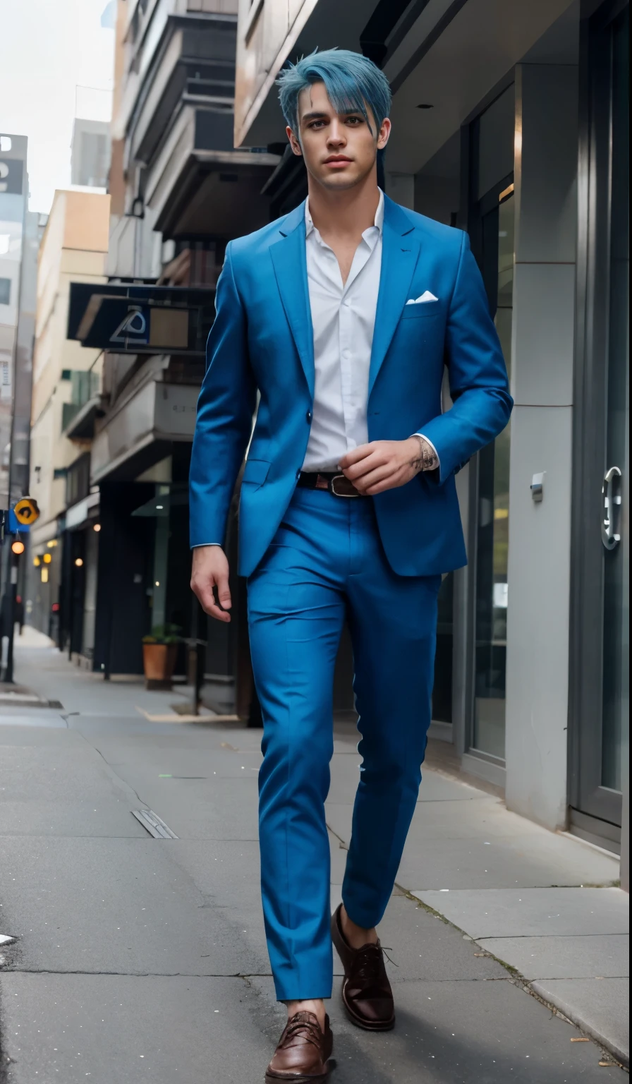 Handsome man with blue hair and blueish eye,4k photography, ultra realistic ,full body from head to feet