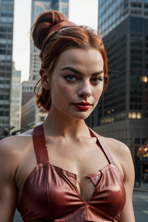 Muscular Margot Robbie with clown makeup dressed as Rosie the riveter in downtown Gotham city