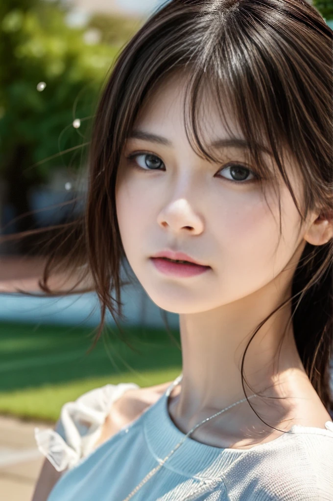8K Super Resolution、Beauty、One Woman、Dark Brown Hair:1.1、Highly detailed face、Lips detail、important、(Eyes meet)、double eyelid、Princess Eyes、Beautiful Japanese Women、Beautiful Japanese Women、Sensual lips、Bewitching body、20th Generation、(21 years old)、far and near method、 Realistic Japanese women、Wearing a super realistic detailed stylish white silk tank top and mini skirt、Hair blowing in the wind、I can see your chest、Crisp images、The delicate sparkle of the eyes、Ultra-realistic detailed park with river、Realistic and detailed beautiful breasts、color々Hair style、Smiling with a nice smile、