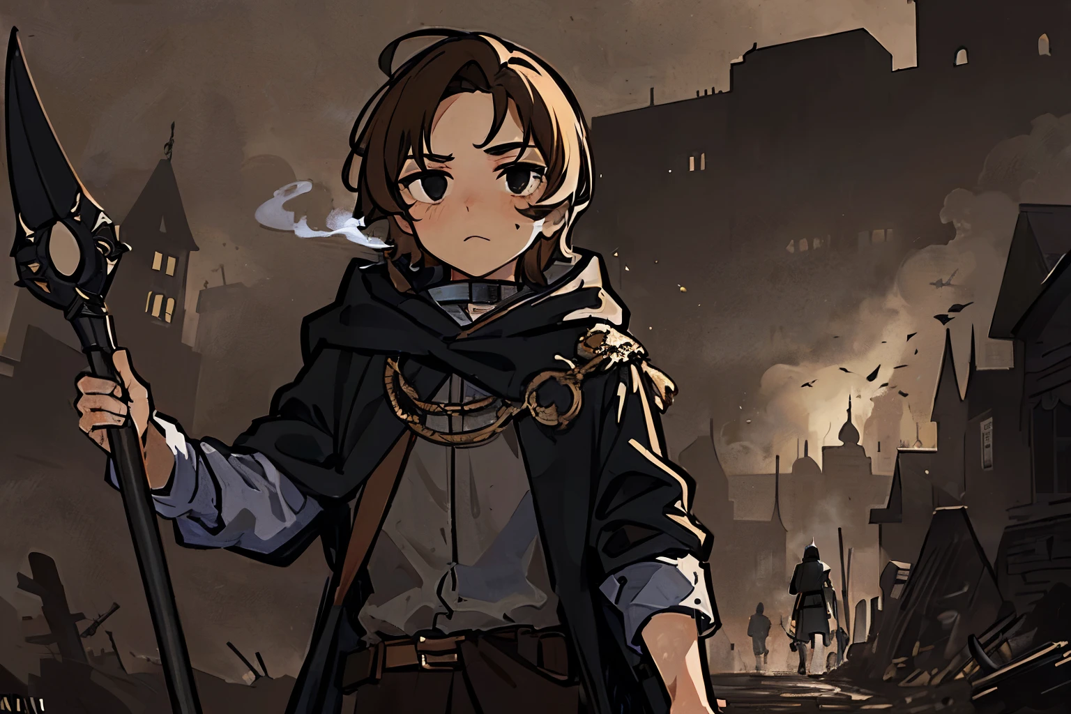 ((masterpiece,best quality)), black eyes, solo, 1boy, messy medium length brown hair, walking through muddy trench, medieval clothing, holding blunderbuss, bunker in distance with searchlights. foggy, night time. scared dark landscape, craters, smoke