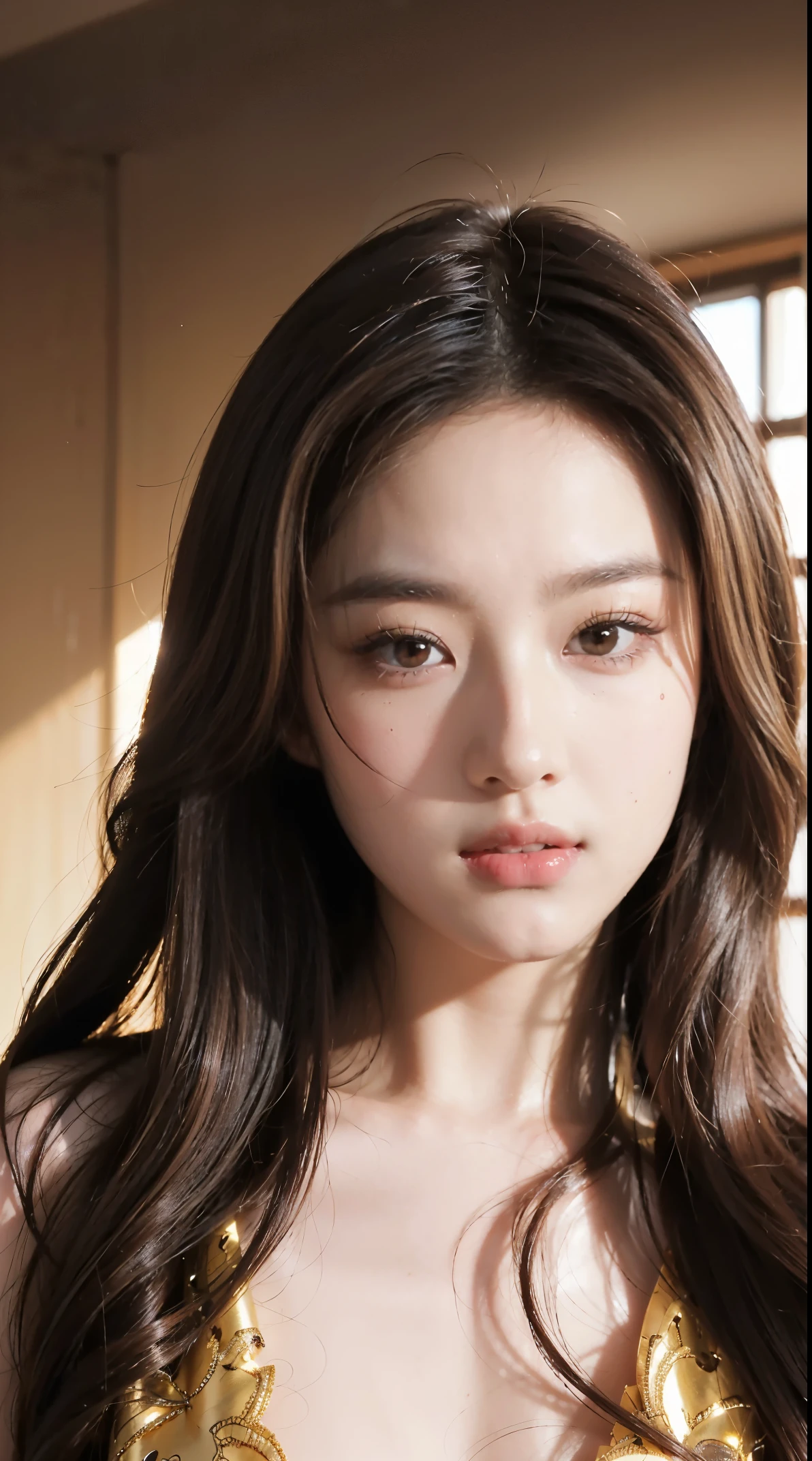 tmasterpiece, tmasterpiece, quality, Best quality at best, actual, unified, 8k wallpaper, offcial art, 非常细致的CGunified8K壁纸, (actual: 1.4), super detailing, A high resolution, super detailing, Amazing Cleavage, finedetail , 电影灯光, (Brown|brunette color hair:1.4), Medium hair, (Realistic skin:1.2), (light brown-skinned:1.2), beautifuldetails, The eyes and face are very detailed, beautiful eyes in detail, The file size is huge, Super detailed and beautiful, 黑The eye, model shoot style,ssmile