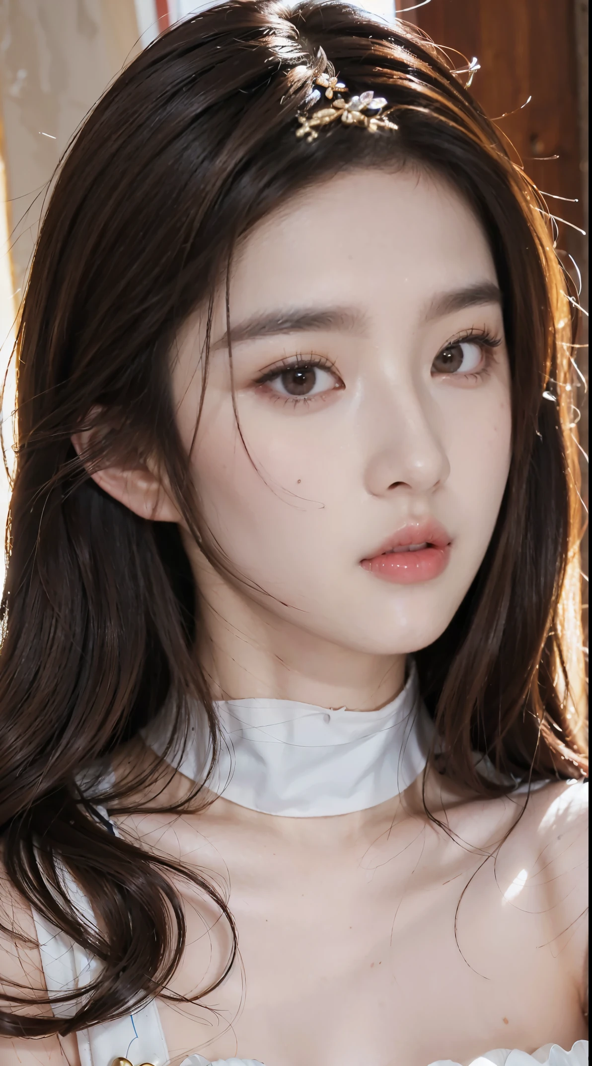 tmasterpiece, tmasterpiece, quality, Best quality at best, actual, unified, 8k wallpaper, offcial art, 非常细致的CGunified8K壁纸, (actual: 1.4), super detailing, A high resolution, super detailing, Amazing Cleavage, finedetail , 电影灯光, (Brown|brunette color hair:1.4), Medium hair, (Realistic skin:1.2), (light brown-skinned:1.2), beautifuldetails, The eyes and face are very detailed, beautiful eyes in detail, The file size is huge, Super detailed and beautiful, 黑The eye, model shoot style,ssmile