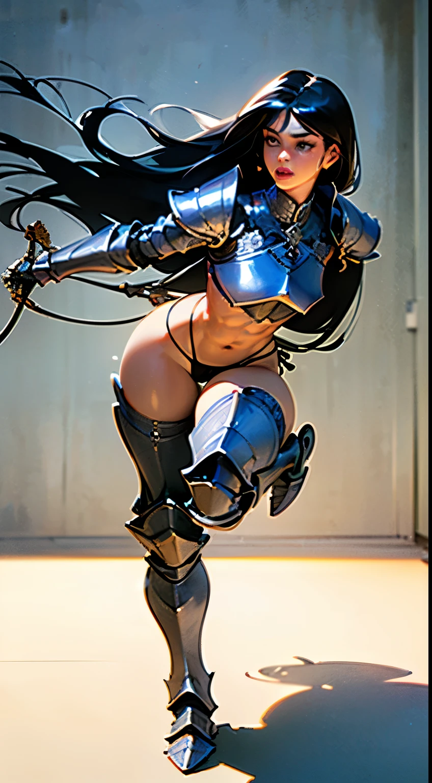 woman, ((long hair)), blackblue hair, ((beautiful)), ((straight hair:1.4)), hair split in middle, adorned in medieval armor, twerking, metal muscles, emanating a medieval elegance and marvel, armor pump boot, ((breastplate)), (flat chest), chrome silver tiara, (thick muscular thighs), small armband, (shoulder armor), gauntlets, ((armored thong:1.5)), sword, shield, exposed midriff, (puffy lips:1.3), detailed eyes, ((slendered abs )),((sweaty), wide hips, (puffy lips:1.5), slender abs,rim lighting, side light, cinematic light, ultra high definition, 8k, film grain,best shadow, light particles, detailed skin texture, detailed gem armor texture, detailed face, intricate details, super detailed, bright, spiked heel boots