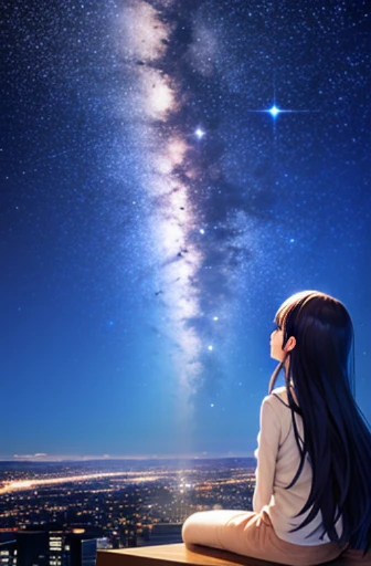 octans, sky, star (sky), scenery, starry sky, night, 1girl, night sky, solo, outdoors, signature, building, cloud, milky way, sitting, tree, long hair, city, silhouette, cityscape