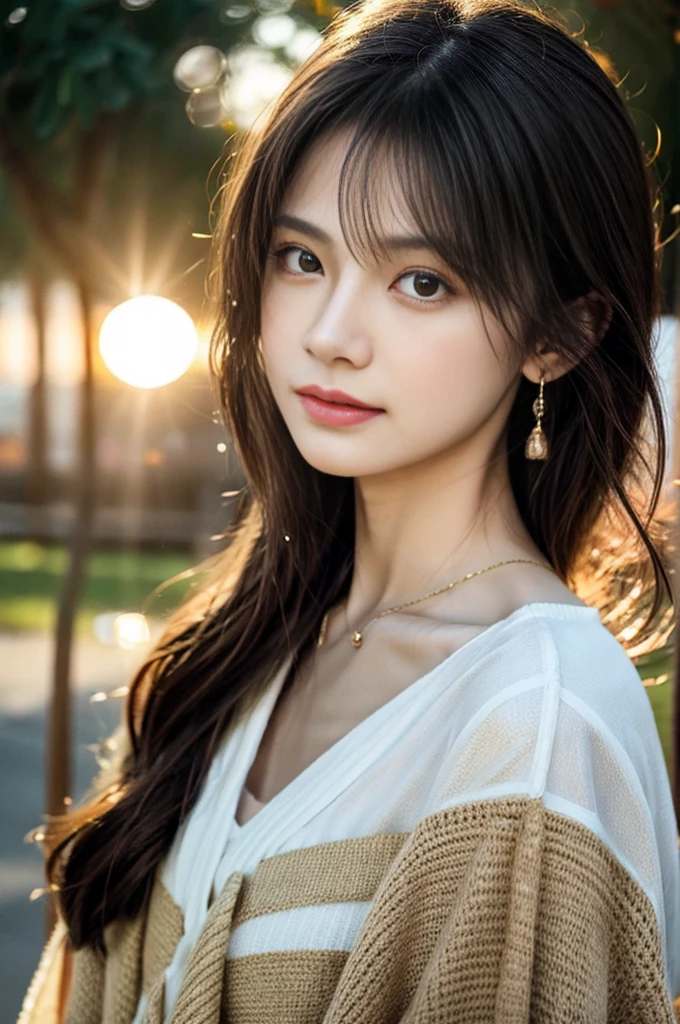 (Photoreal Stick:1.5, masutepiece:1.5, 8K), (top-quality, masterpiece, 超A high resolution), (Face Sharp Focus:1.45), Professional camera work:1.25, Highly detailed skin and facial texture:1.3, Grow Light Effect, The ultra-detailliert:1.3, 1girl in, Fair skin, (Sense of clarity:1.5), Small face, Extremely beautiful face:1.4, (Sense of clarityを感じる目:0.9, looking distantly, Enraptured look:1.0, i love you completely:0.8, slightly open mouth:0.4, Sense of clarityを感じる口当たり:0.7), 二重まぶた, Dark brown medium hair, necklace and earrings, looking at viewert, (The woman looks hazy because of the bright light.:1.5), (reflect light onto the lens:1.4), (The whole thing looks white and hazy:1.5), (sunrises, Light sunlight:1.3, sunlight shining from behind:1.3, Pale sunlight spreads across the screen:1.5)