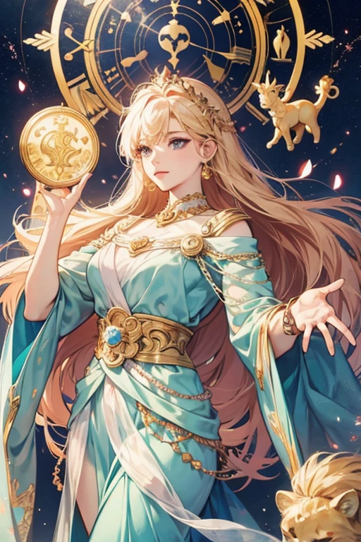 **Illustration Enhancement**: (masterpiece, best quality), (ultra-detailed), super high resolution, (Top Quality photorealistic Illustration), (Super Definition), (cute illustration:1.3), (high Saturation:1.2), detailed beautiful face and eyes, (an extremely delicate and beautiful), (nice hands, perfect hands), (appropriate posture), (appropriate configuration), ideal ratio body proportions **BREAK**
**Theme**: Happiness and Prosperity, Peace and Tranquility **BREAK**
**Number of Characters**: One (ultra-ultimate beautiful) **BREAK**
**Facial Details**: Expression of kindness and intelligence, bright eyes, smile **BREAK**
**Movement Details**: Calm posture, confident demeanor **BREAK**
**Emotions and Expressions**: Smile brimming with happiness and satisfaction **BREAK**
**Perspective**: Slightly upward angle from the front **BREAK**
**Composition**: Character centered, surrounded by elements symbolizing prosperity **BREAK**
**Background Details**: Bright and peaceful sky colors, lush nature **BREAK**
**Costume Details**: Elegant and sophisticated dress, symbols of good fortune interspersed **BREAK**
**Body Type**: Well-proportioned, cleavage, waist, feminine curves **BREAK**
**Wings, Horns, Tail**: None **BREAK**
**Hair Style and Color**: Long flowing hair, natural brown color **BREAK**
**Accessories**: Items symbolizing good luck **BREAK**
**Light and Shadow**: Soft light illuminating the character, shadows lightly drawn **BREAK**
**Color Palette**: Gold, blue, green, light blue, yellow, silver, deep red, pink, wine red, dark brown, light purple **BREAK**
**Illustration Size**: 768x768 **BREAK**
**Illustration Atmosphere**: Warmth, filled with hope **BREAK**
**Additional Elements**: Symbols of good fortune and prosperity throughout **BREAK**
**Worldview**: An ideal world different from reality **BREAK**
**Style**: A fusion of fantasy and realism **BREAK**
**Power Words**: Luck, Prosperity, Peace, Love, Hope **BREAK**
**Image Quality**: Highest quality, photorealis