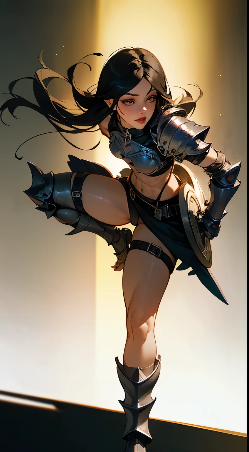 woman, ((long hair)), blackblue hair, ((beautiful)), ((straight hair:1.4)), hair split in middle, adorned in medieval armor, twerking, metal muscles, emanating a medieval elegance and marvel, armor pump boot, ((breastplate)), (flat chest), chrome silver tiara, small armband, (shoulder armor), gauntlets, ((armored thong:1.5)), sword, shield, exposed midriff, (puffy lips:1.3), detailed eyes, ((slendered abs )),((sweaty), wide hips, (puffy lips:1.5), slender abs,rim lighting, side light, cinematic light, ultra high definition, 8k, film grain,best shadow, light particles, detailed skin texture, detailed gem armor texture, detailed face, intricate details, super detailed, bright, spiked heel boots