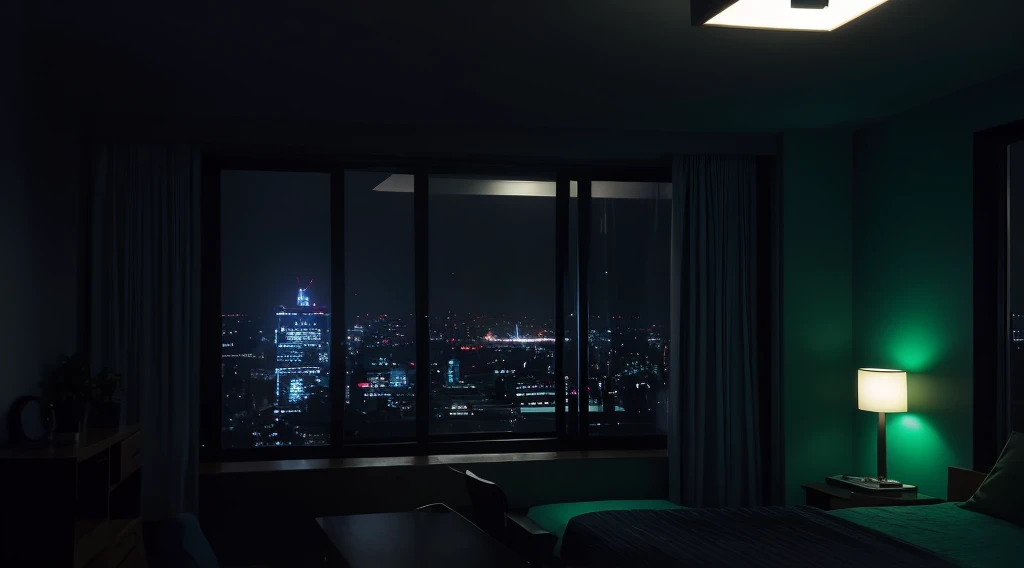 Draw a room, Floor-to-ceiling windows, Outside is the city with a dark night view, Facing the window,There is a green plant in the corner of the room,The room was dark,The night view outside has neon lights,It was raining outside,There is a warm lamp in the room,The room had a bookcase with a lot of books, night, dark