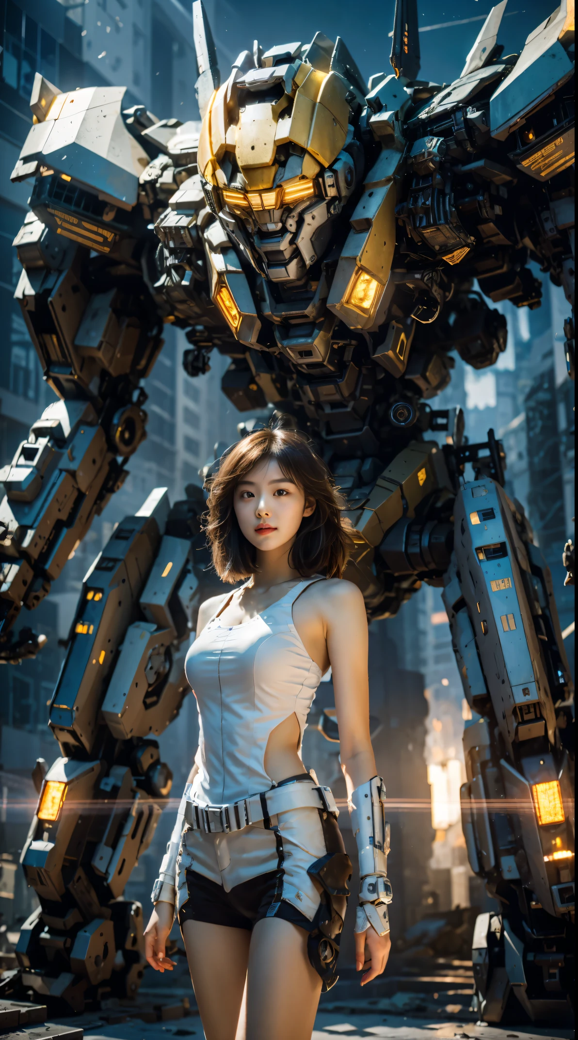 A woman in a white top and shorts standing next to a giant robot ...