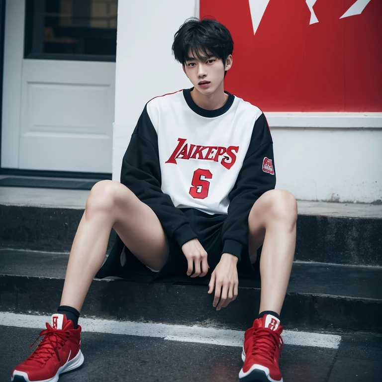 1 Korean Youth,male people,20yr old,tall,Hair is medium length,Red sweatshirt,Black shorts,High-top basketball shoes,sitted,Point to shoes,AJ Basketball Shoes Assas Animation 8k,POV perspective,arrogant,Cold
