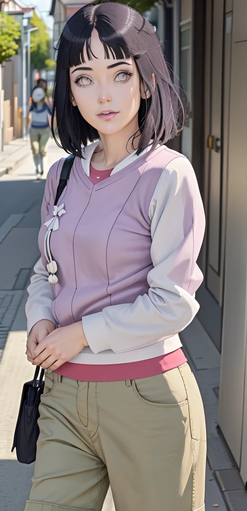 {-erro_de_anatomia:1.0}master part, absurdos, Hinata\(Boruto\), 1girl, sozinho,Mature female, Capuz roxo,mangas em camadas, brown pants, ao ar livre, Campo de flores de lavanda, looking at the petals), Cloudy sky, perfect composition, circunstanciado lips, peito grande, beautiful face, body propotion, corar, (pink lips), cabelos curtos, lilac eyes, olhar suave, sorriso triste, super realistic, circunstanciado, Photo Session, rosto e corpo realistas, Realistic hair, olhos realistas, nariz realista, realistic lips, brown pants, anime, andando sob as petalas de flores, lilac sneakers