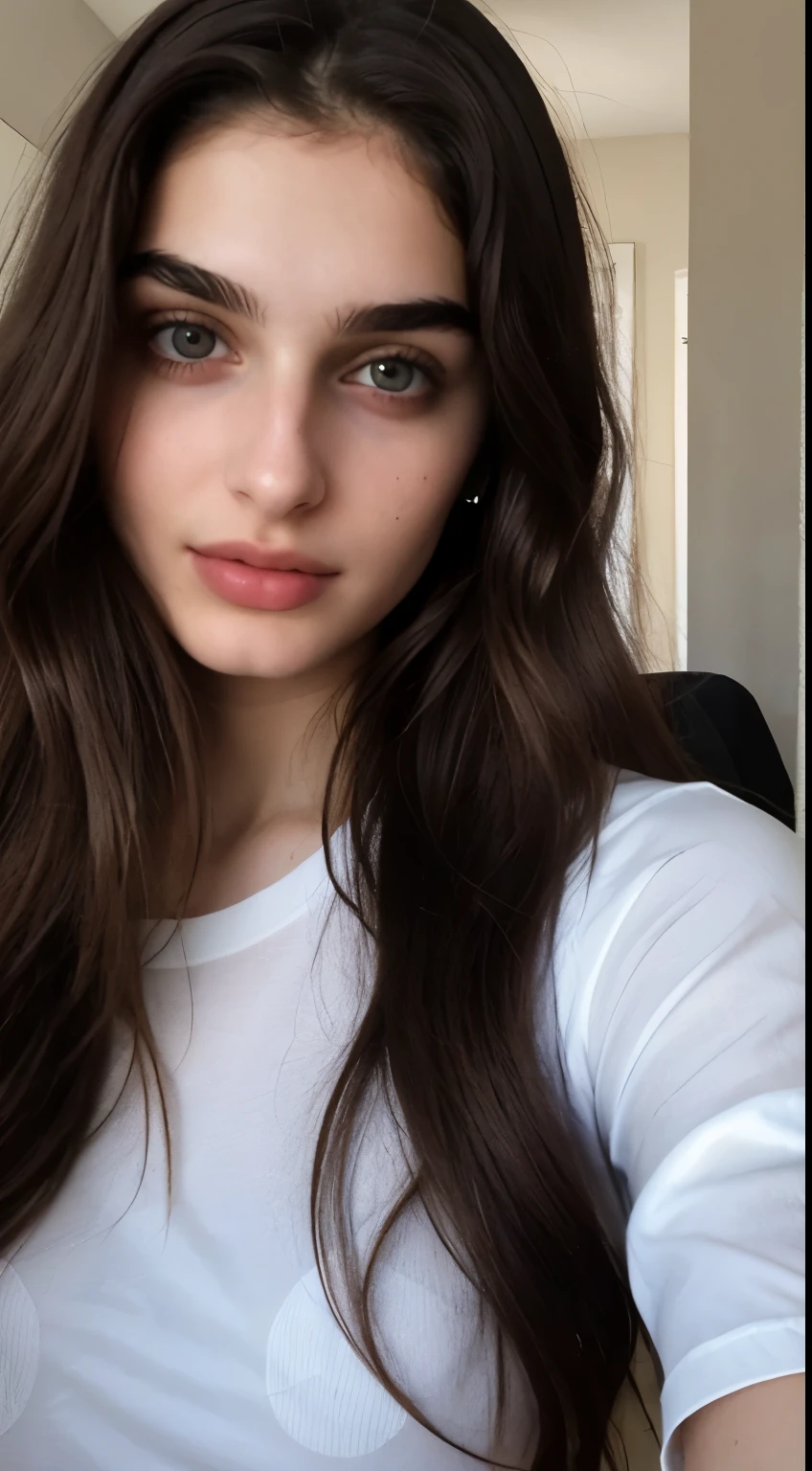 ((Front facing camera selfie)), 18 yo girl named Zahra Amiri, ((straight nose)), (prominent nose bridge), (female face golden ratios), long dense dark brown hair, (pale skin:1.25), (hazel eyes), thin eyebrows, high cheekbones, beautiful plump lips, big natural breasts, wearing white tshirt, apartment background, smirk