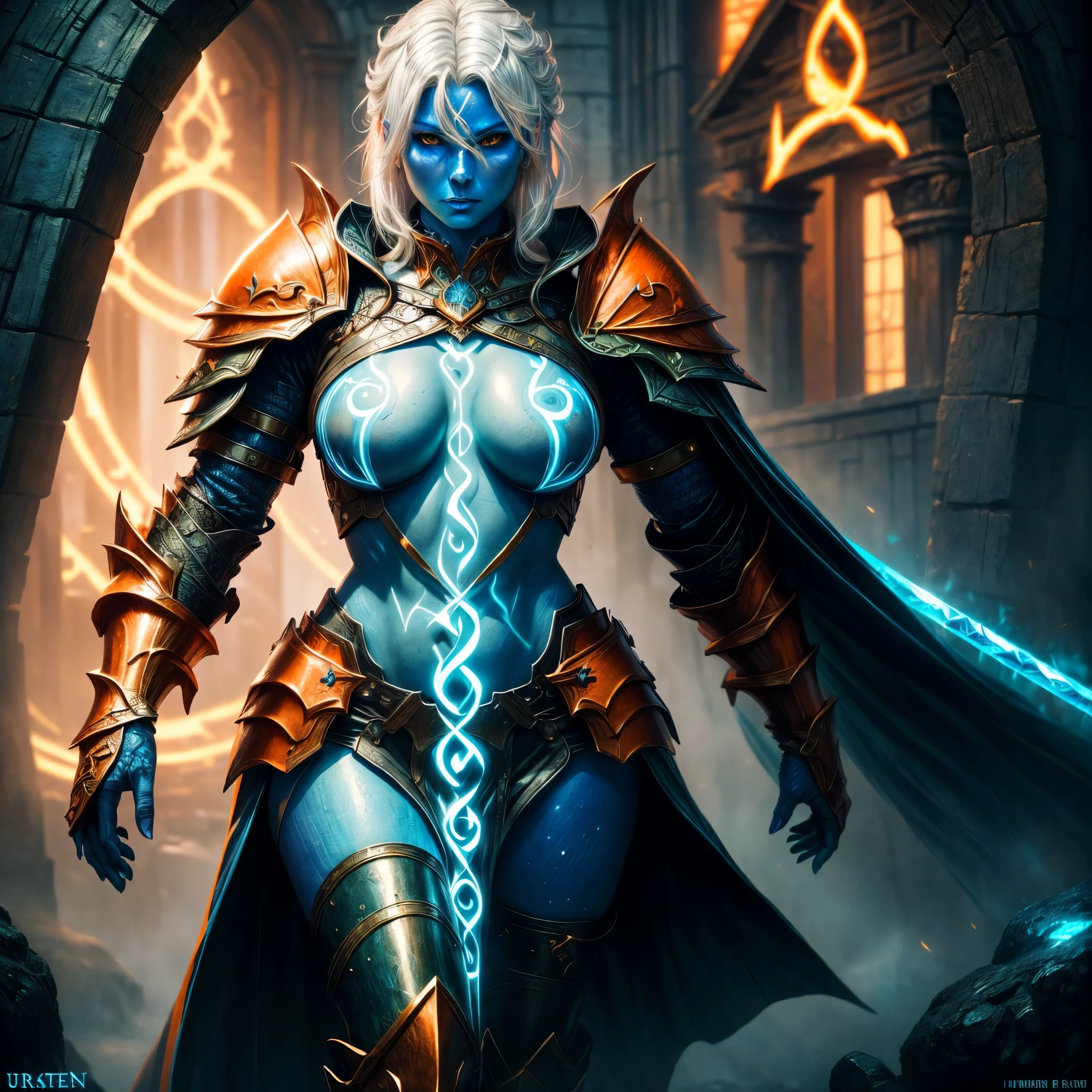 fantasy art, dnd art, RPG art, wide shot, (masterpiece: 1.4) portrait, intense details, highly detailed, photorealistic, best quality, highres, portrait a vedalken female (fantasy art, Masterpiece, best quality: 1.3) ((blue skin: 1.5)), intense details facial details, exquisite beauty, (fantasy art, Masterpiece, best quality) cleric, (blue colored skin: 1.5) 1person blue_skin, blue skinned female, (white hair: 1.3), long hair, intense green eye, fantasy art, Masterpiece, best quality) armed a fiery sword red fire, wearing heavy (white: 1.3) half plate mail armor CM-Beautiful_armor wearing high heeled laced boots, wearing an(orange :1.3) cloak, wearing glowing holy symbol GlowingRunes_yellow, within fantasy temple background, reflection light, high details, best quality, 16k, [ultra detailed], masterpiece, best quality, (extremely detailed), close up, ultra wide shot, photorealistic, RAW, fantasy art, dnd art, fantasy art, realistic art,