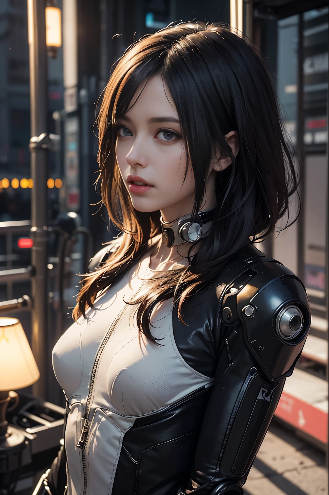 of the highest quality, masutepiece, Ultra High resolution, ((Photorealistic: 1.4), raw Photo, 1 Cyberpunk Android Girl, Glossy skin, (Ultra realistic Details)), Mechanical limbs, Tubes connected to mechanical parts, Mechanical vertebrae attached to the spine, Mechanical cervical attachment to the neck, Wires and cables connecting to the head, Evangelion, ((Ghost in the Shell)), Small glowing LED lamp, global lighting, Deep Shadows, Octane rendering, 8K, ultrasharp, Metal, Intricate decoration details, Baroque style details, high intricate detailed, Realistic light, Trends in CG, Facing the camera, neon details, (android factory on background), Art by H.r. Giger and Alphonse Mucha.There's a drill in my head